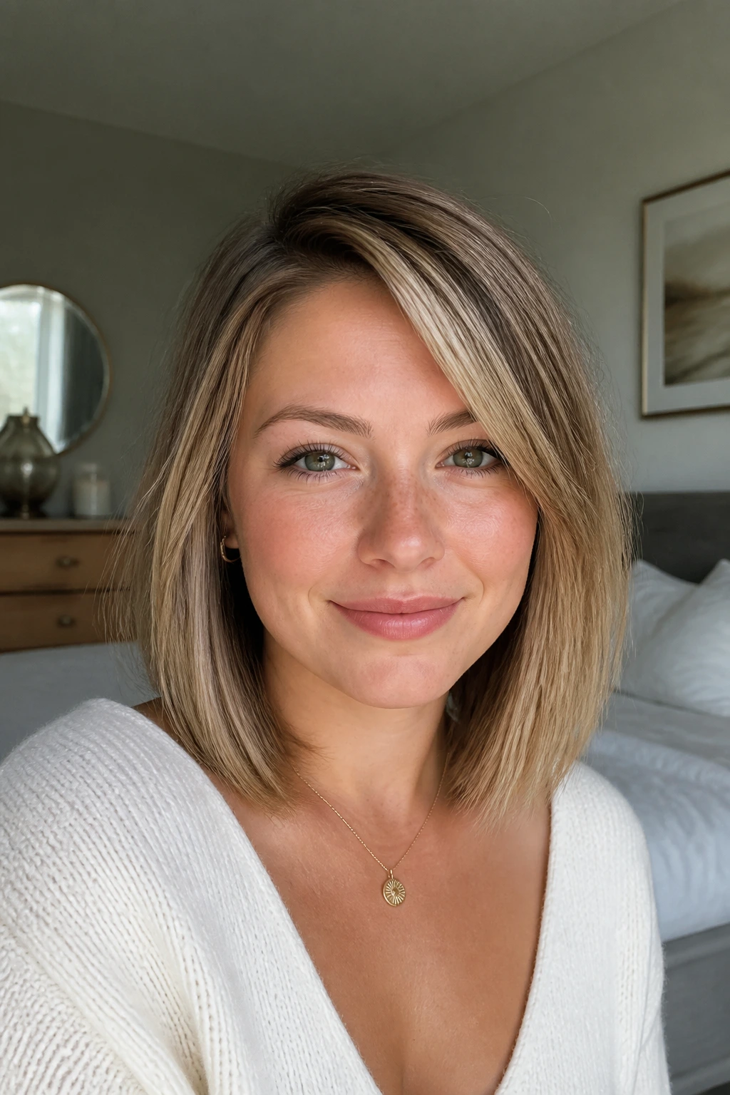 Close-up of a woman with fine hair and a soft side-parted blunt cut