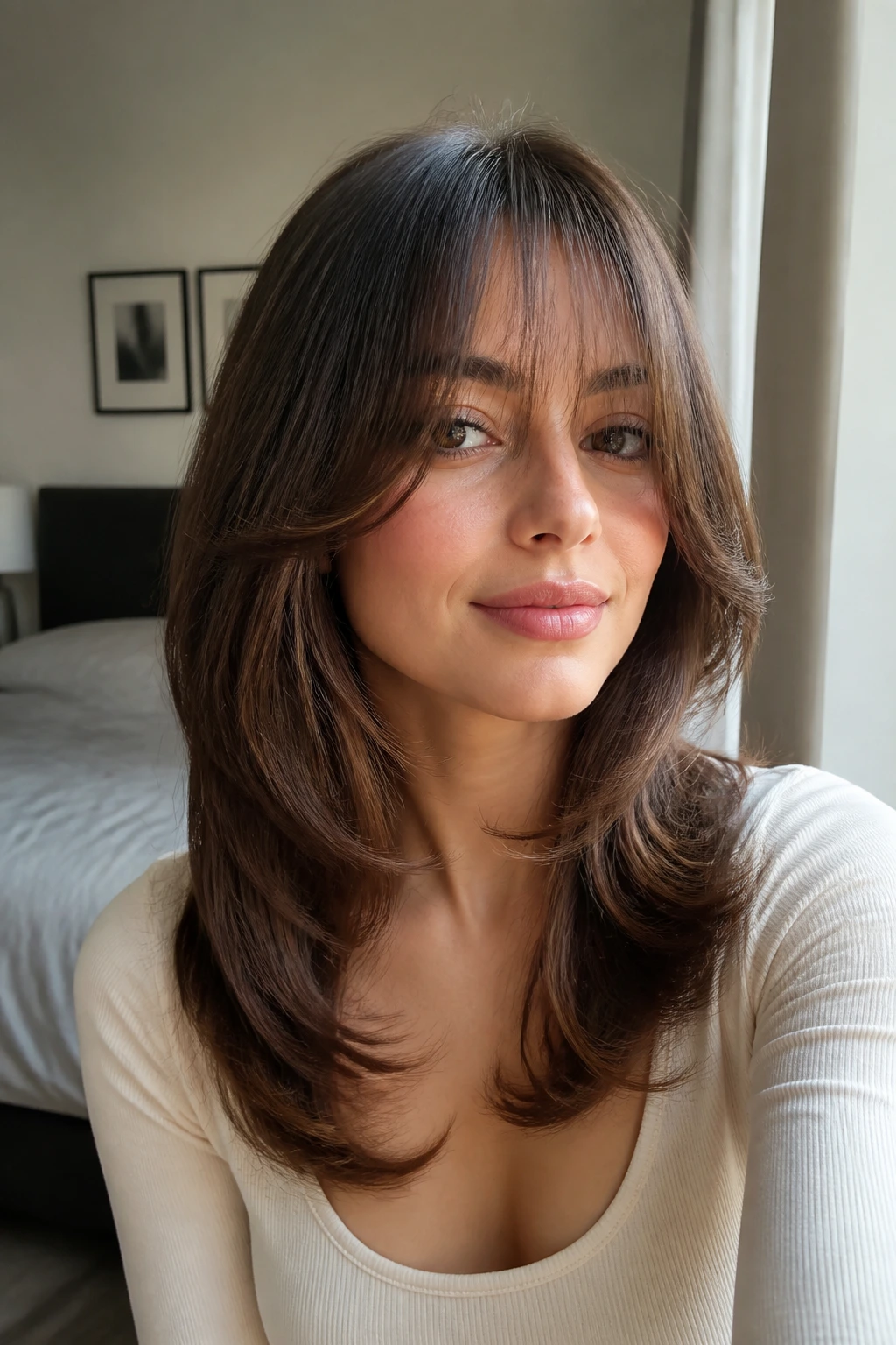 Close-up portrait of a real woman with fine hair and see-through bangs in natural window light
