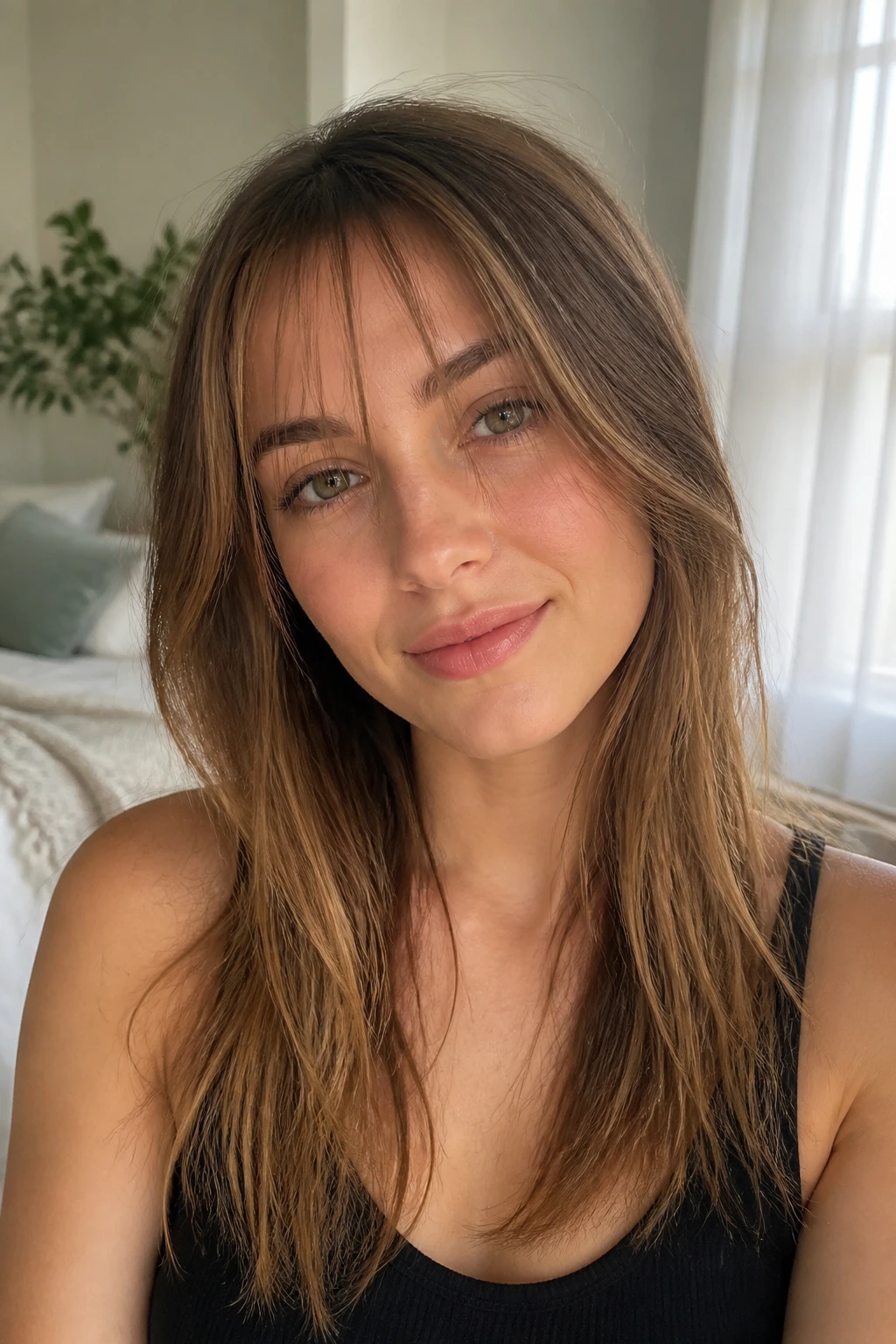 Close-up portrait of a woman with see-through bangs in fine hair
