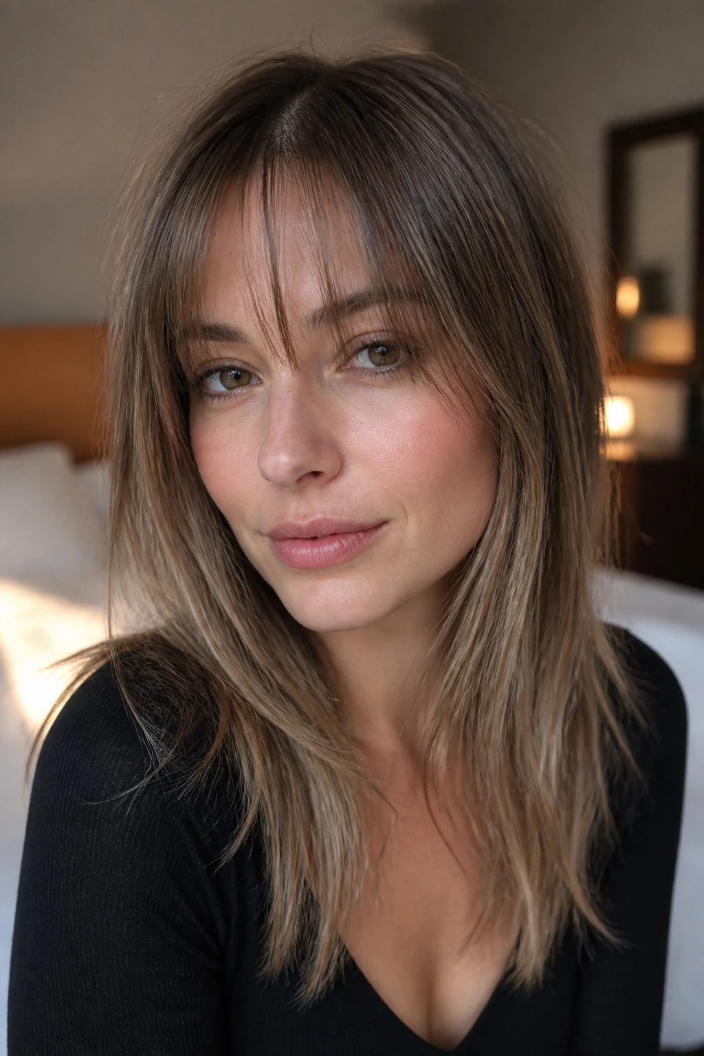 Close-up portrait of a woman with see-through bangs in warm window light