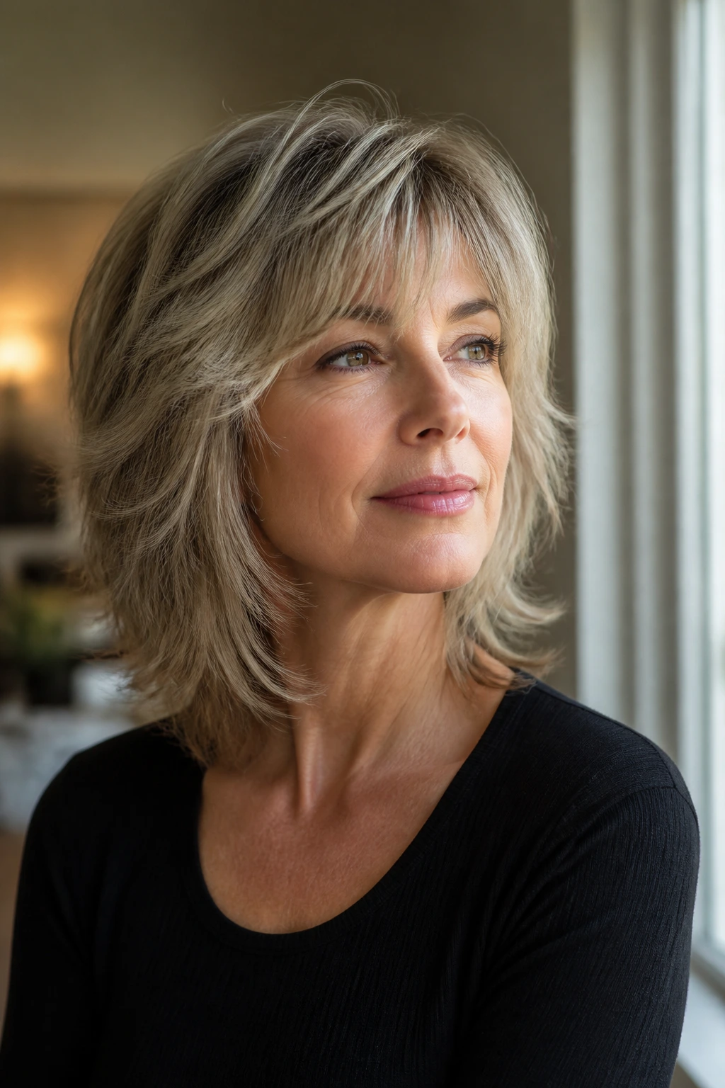 Portrait of a real woman with fine-hair lift shag hairstyle near a window.