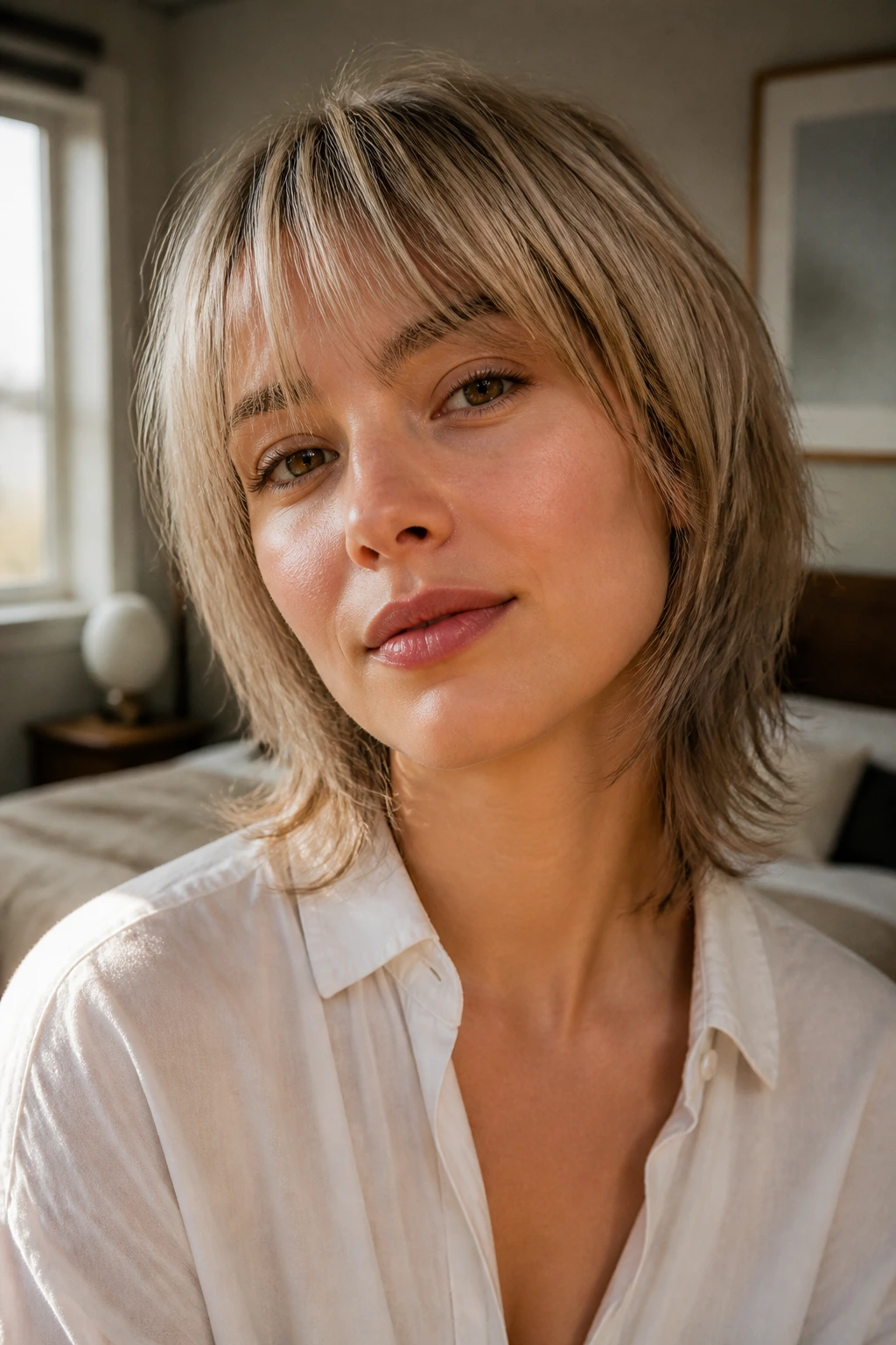 Close-up of a real woman with a fine airy shag showing longer layers and light fringe in warm window light.