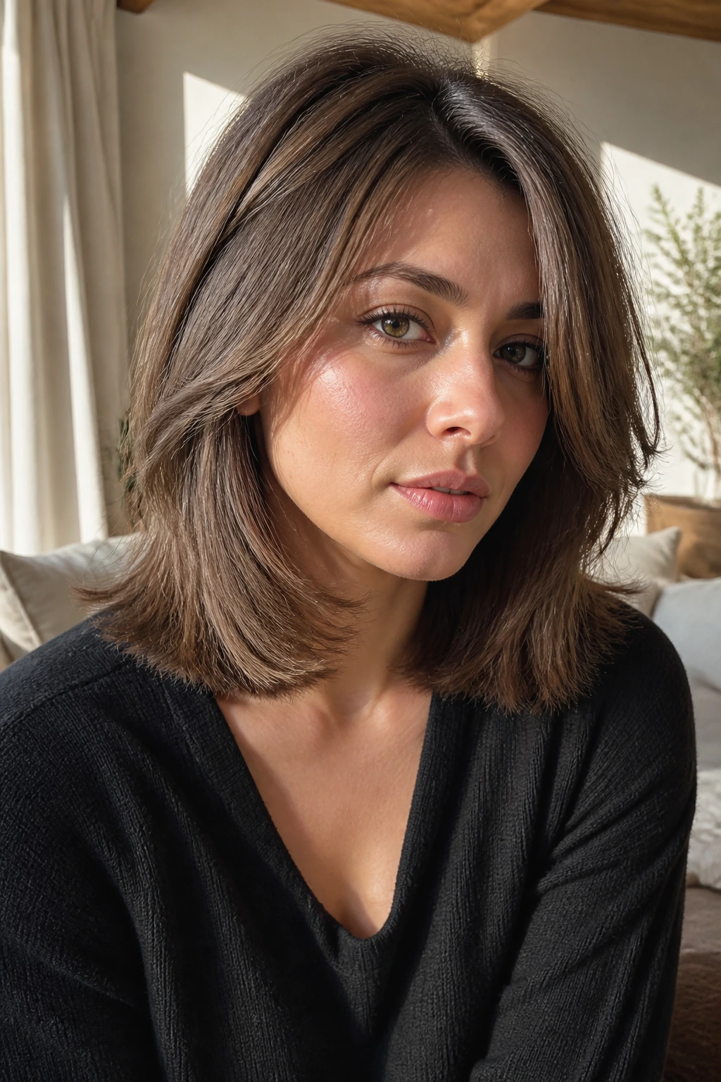 Close-up of a woman with fine-hair shag and blunt base, side part, in sunlit room.