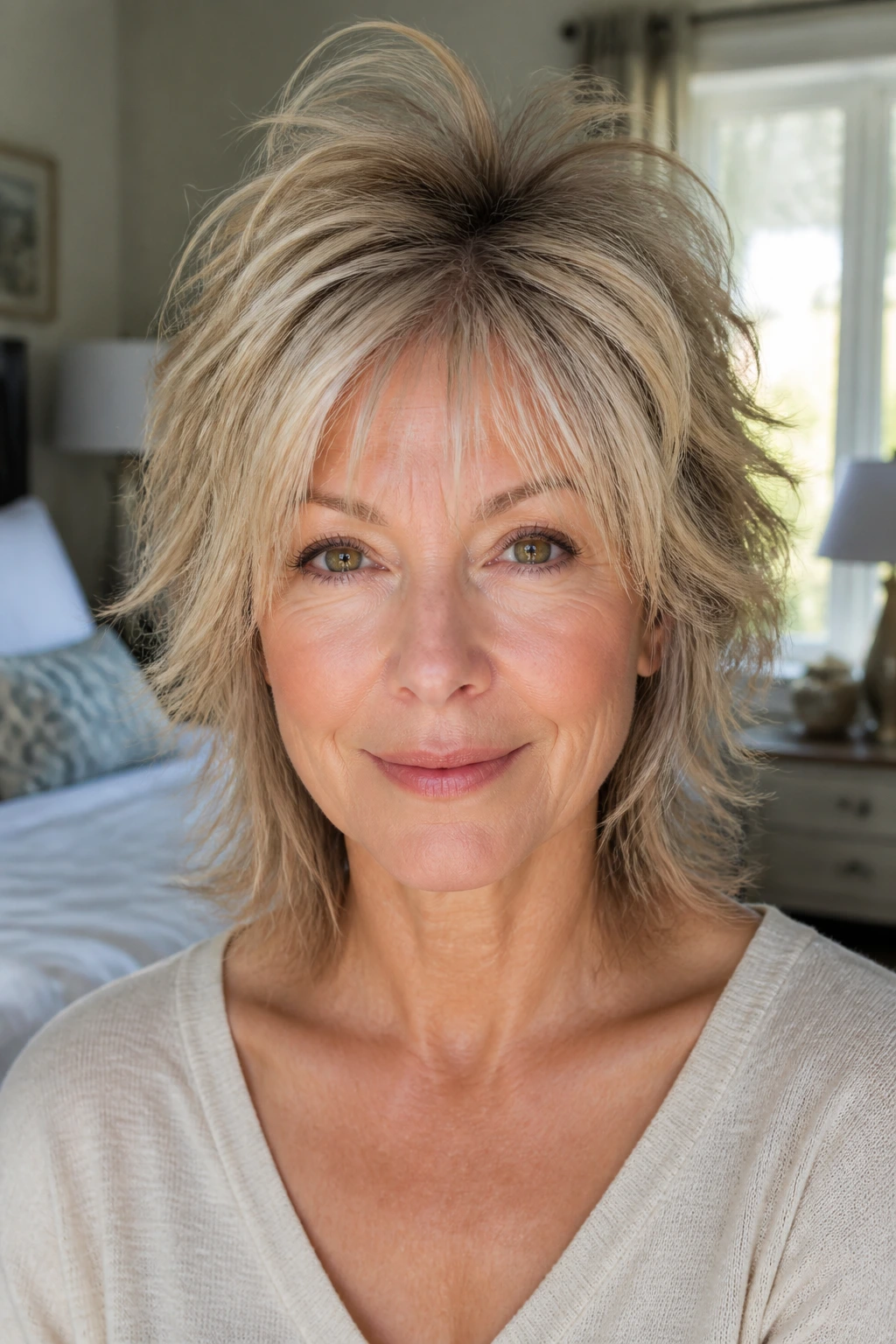 Medium close-up of a real woman with crown-lifted fine-hair shag