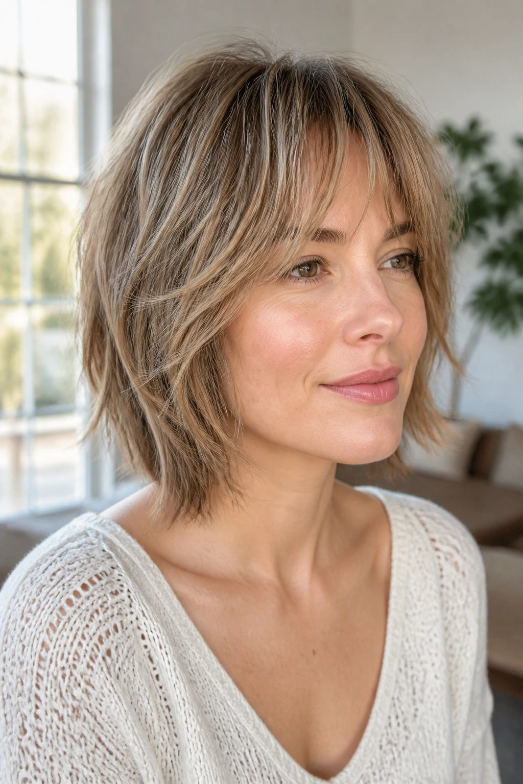 Close-up portrait of a real person with invisible-layer shag on fine hair