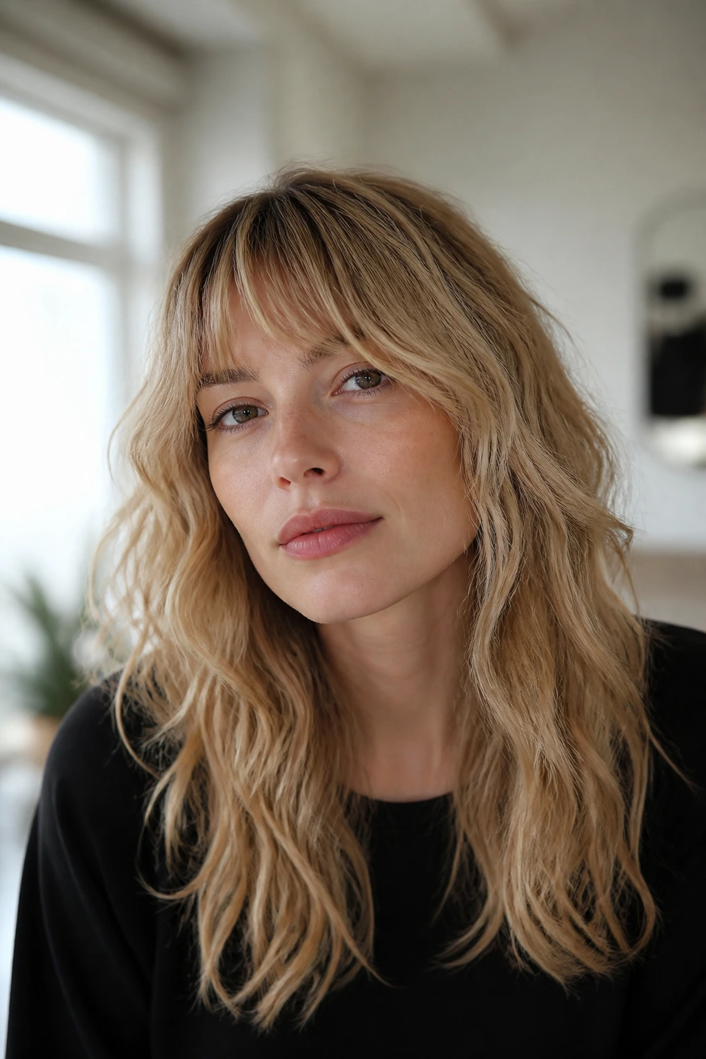 Portrait of a woman with fine-hair shag, light layers and full fringe in bright room