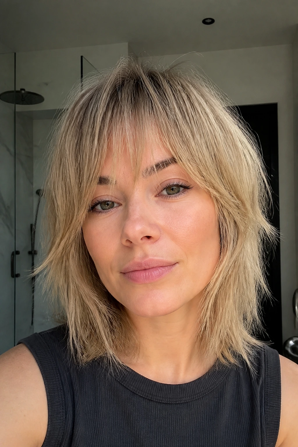 Close-up portrait of a real person with fine-hair shag and minimal layering
