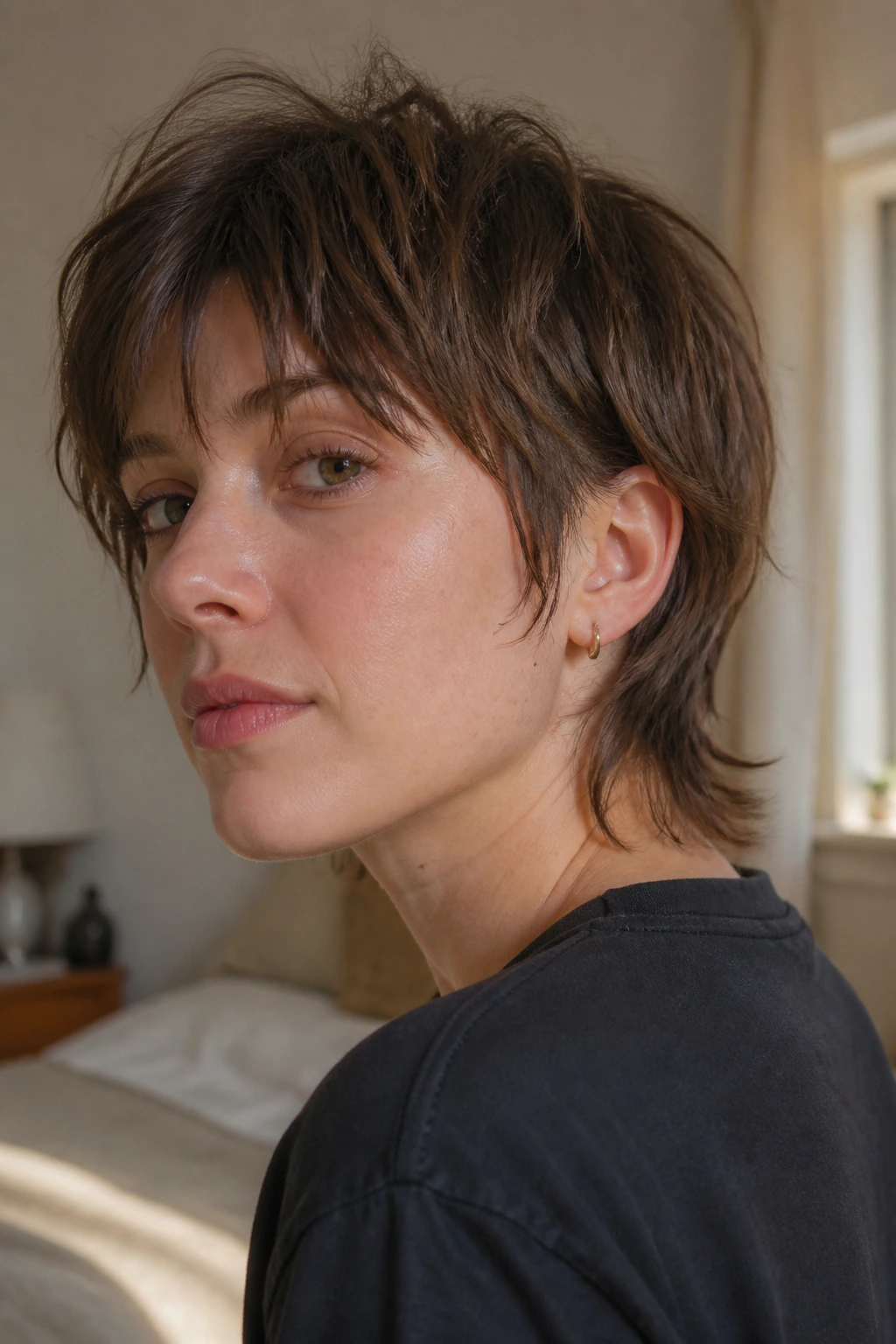 Close-up portrait of a real person with fine hair shag and tiny hidden undercut at nape in warm window light