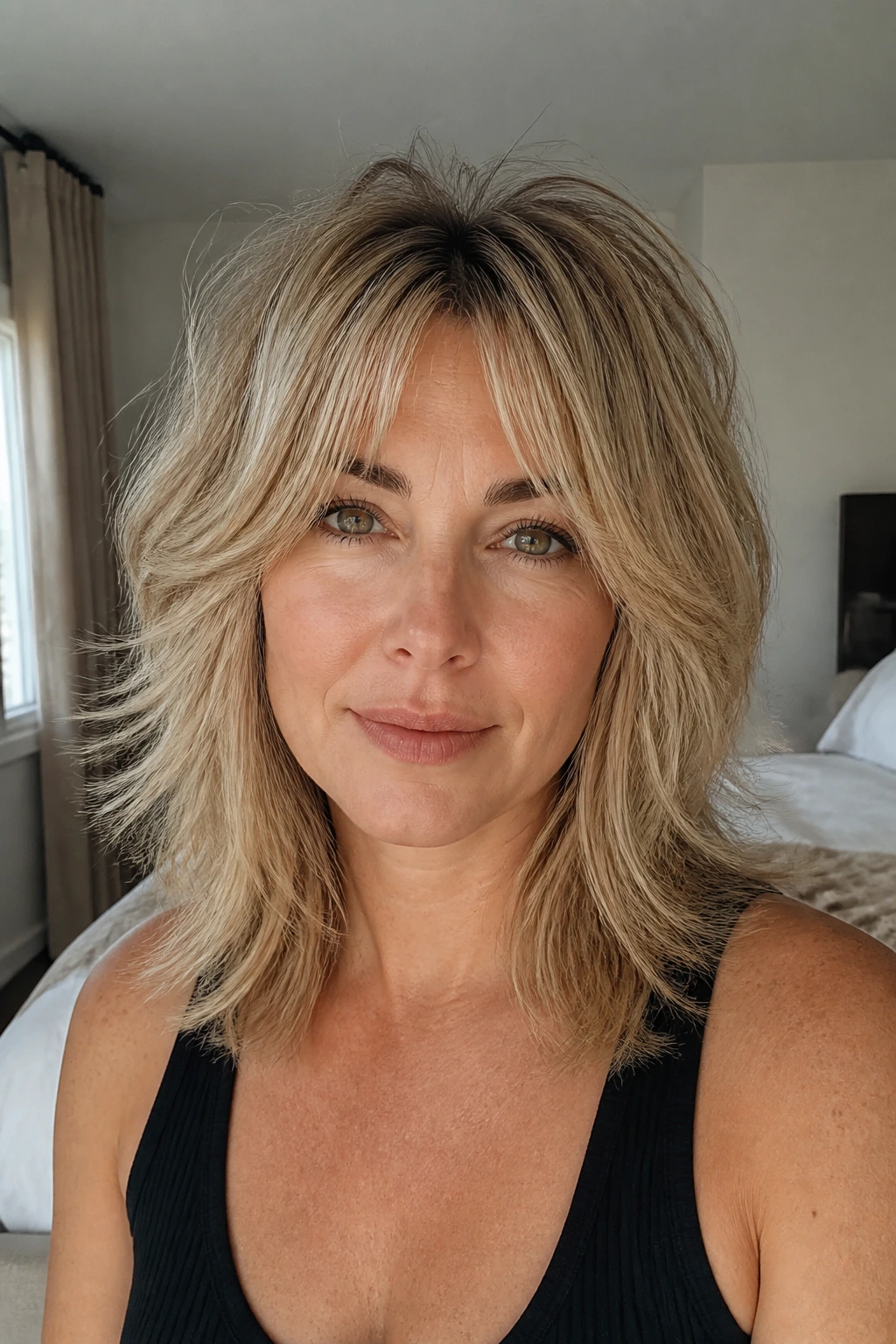 Close-up portrait of a real woman with fine-hair volume shag showing crown lift