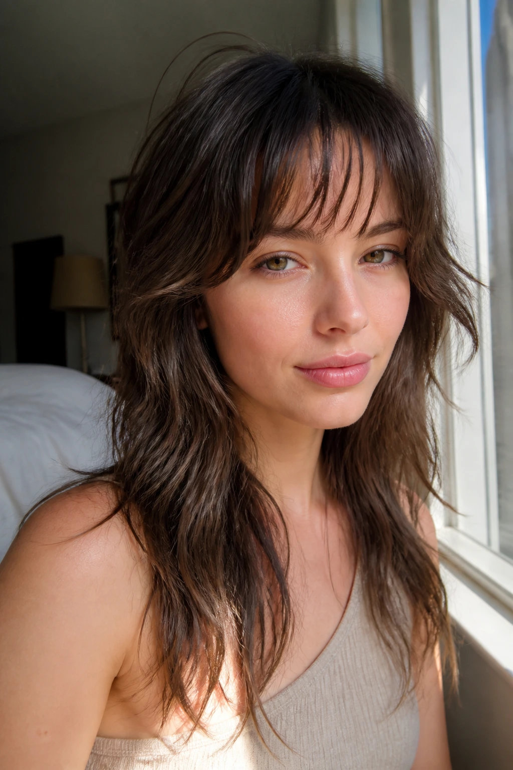 Real person with fine-hair shag and wispy bangs by window