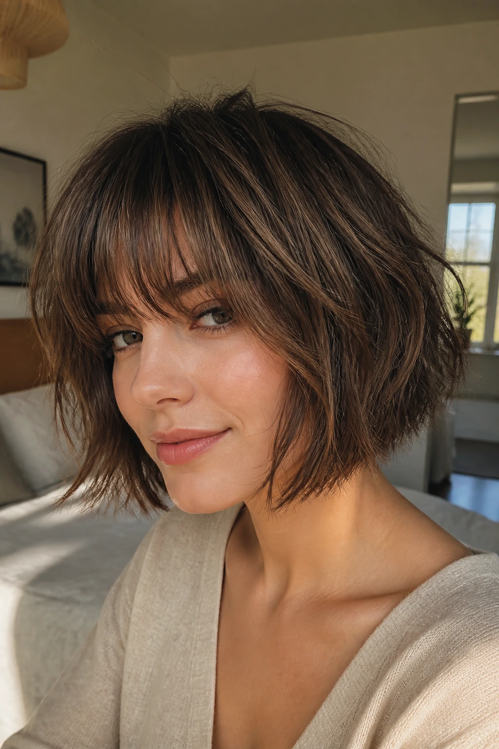 Close-up portrait of a real woman with a messy shaggy bob on fine hair, natural light