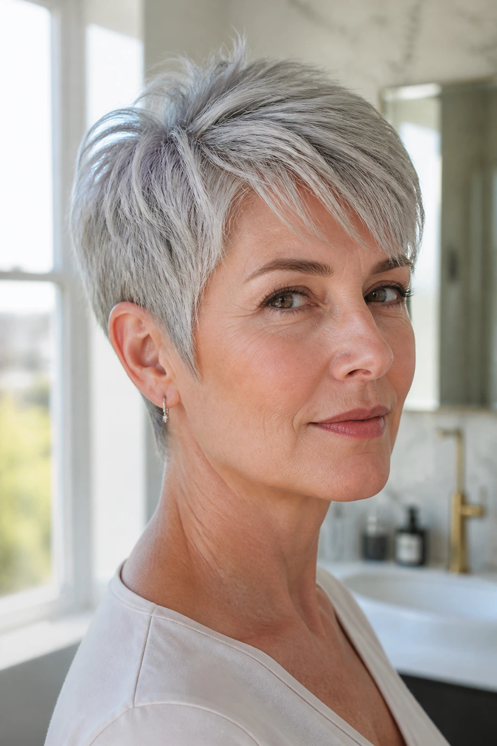 Close-up portrait of a real woman with a fine hair silver pixie