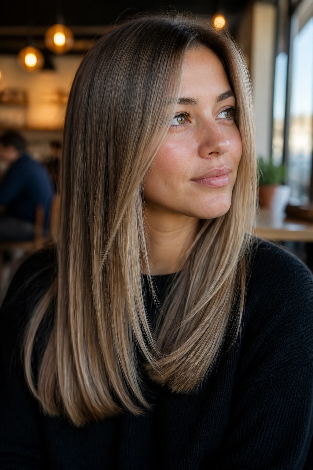 Close-up portrait of fine hair with sliced balayage ribbons