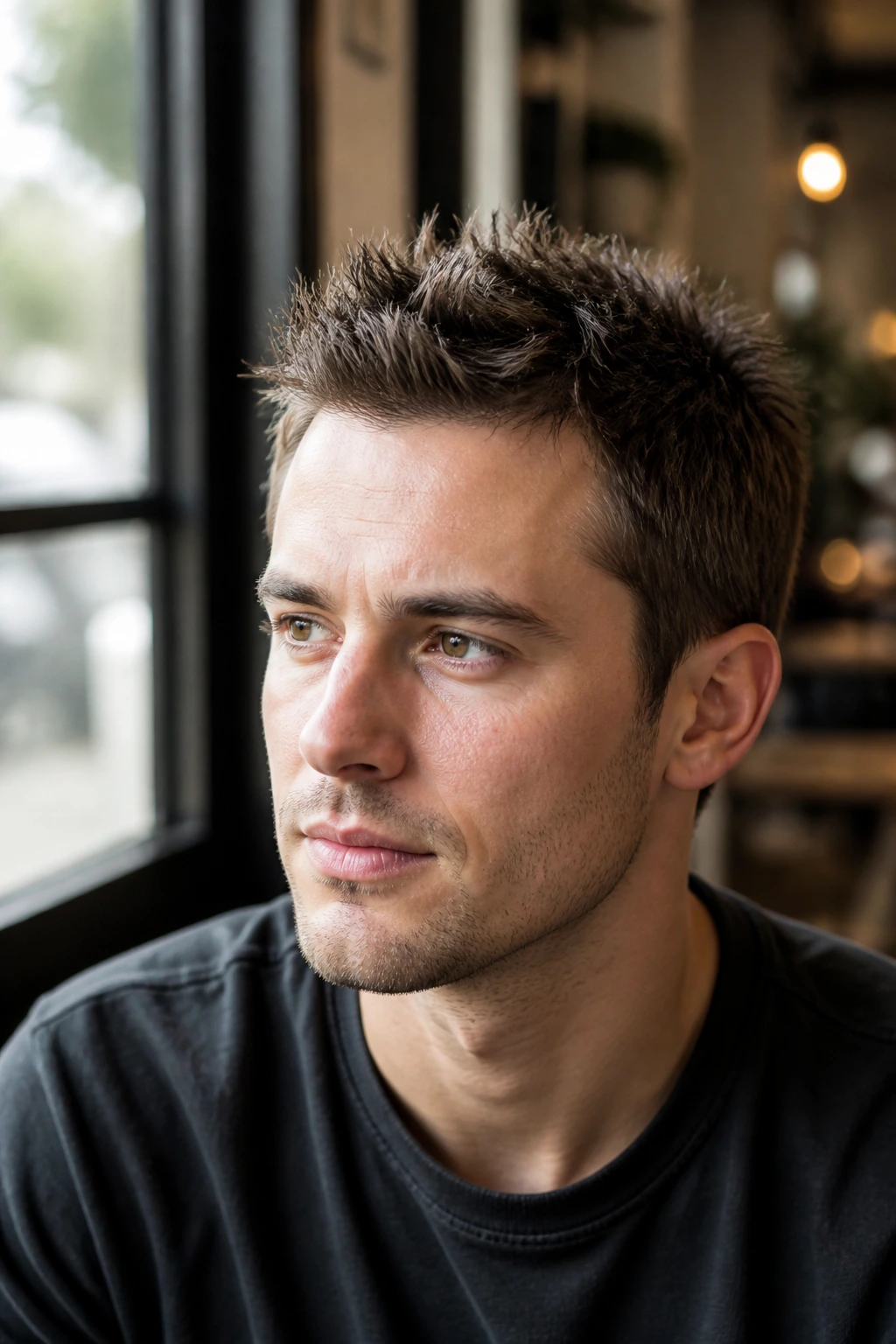 Close-up portrait of person with fine-hair spikes hairstyle