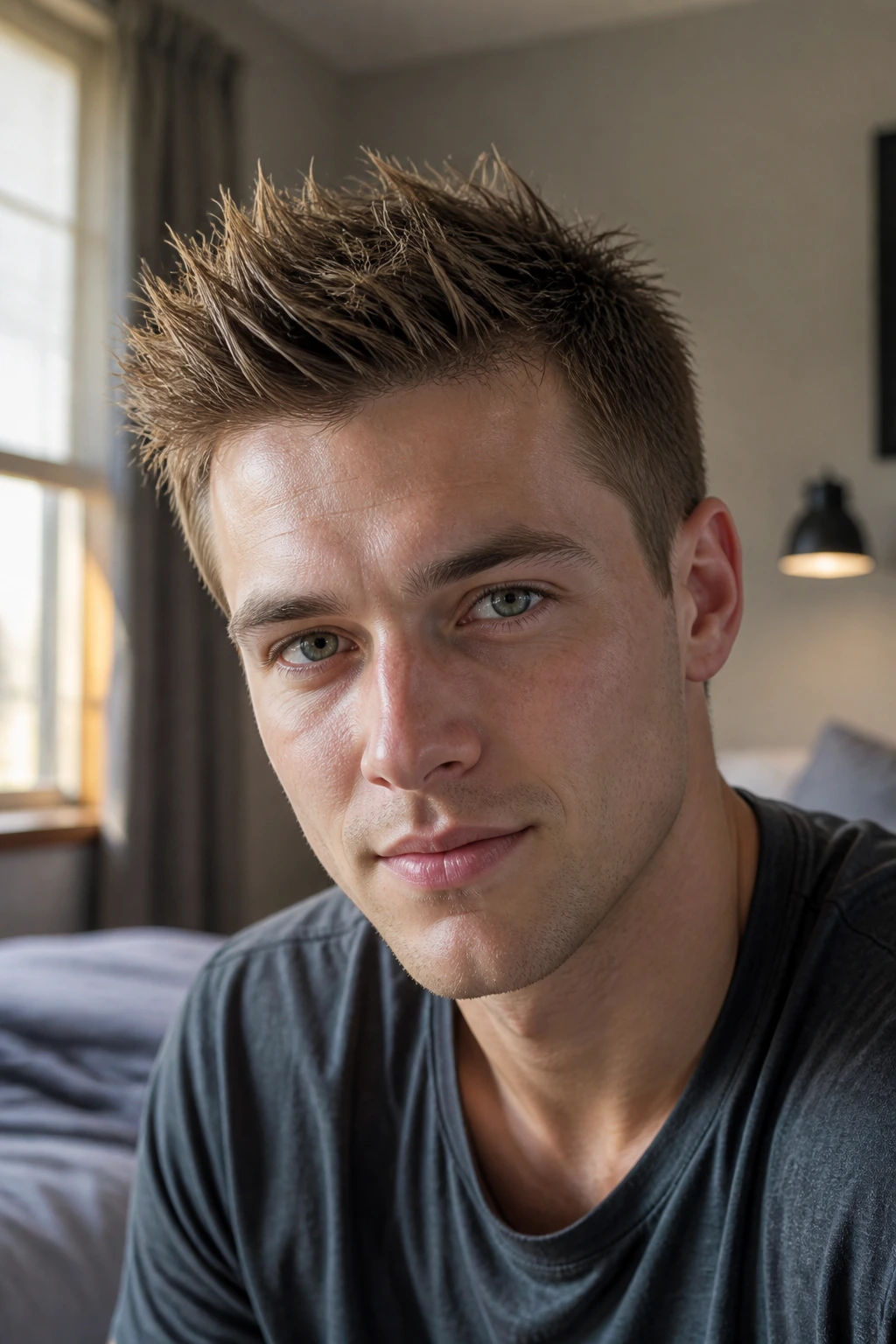 Man with fine hair spikes under soft morning light