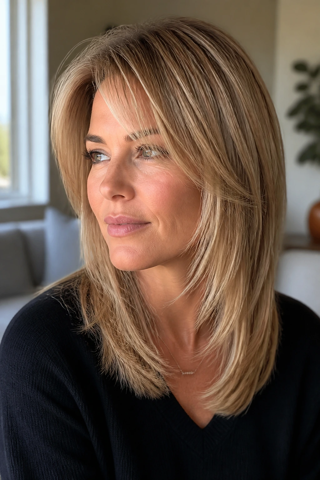 Close-up portrait of a real woman with fine tapered layers for airy volume.
