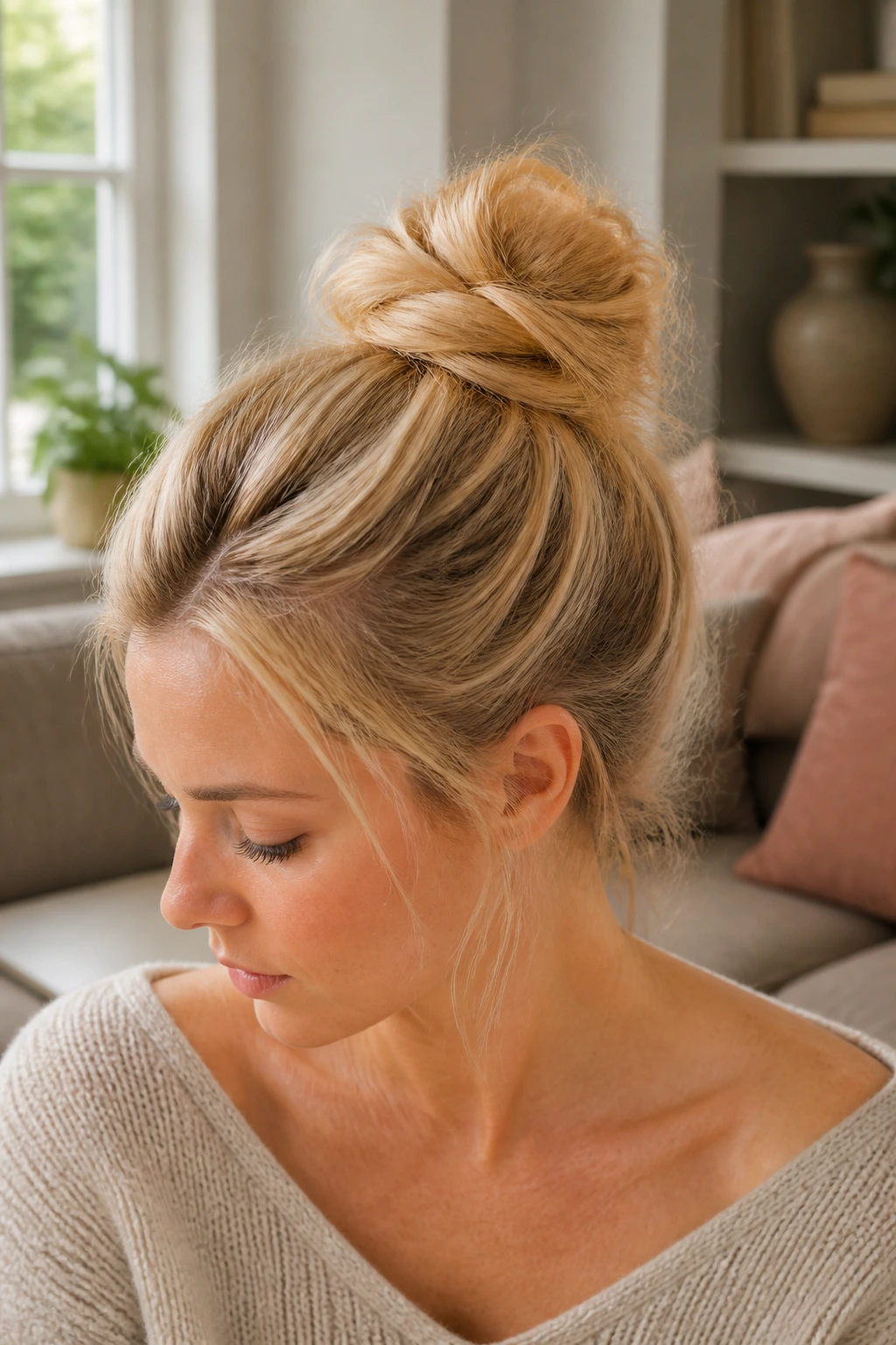 Close-up of fine-hair teased bun on a real person with crown height