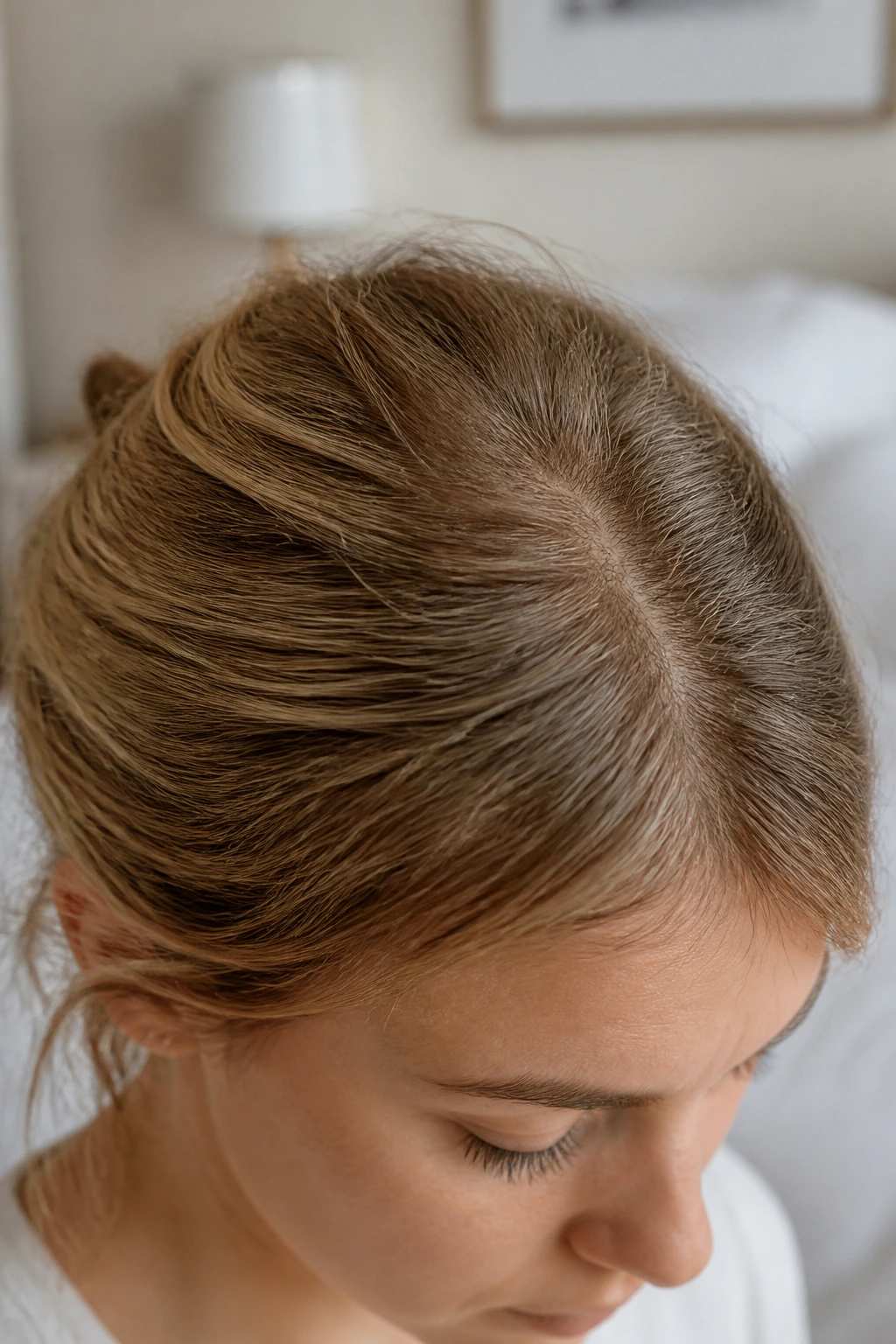 Close-up of fine hair texture at crown in natural light