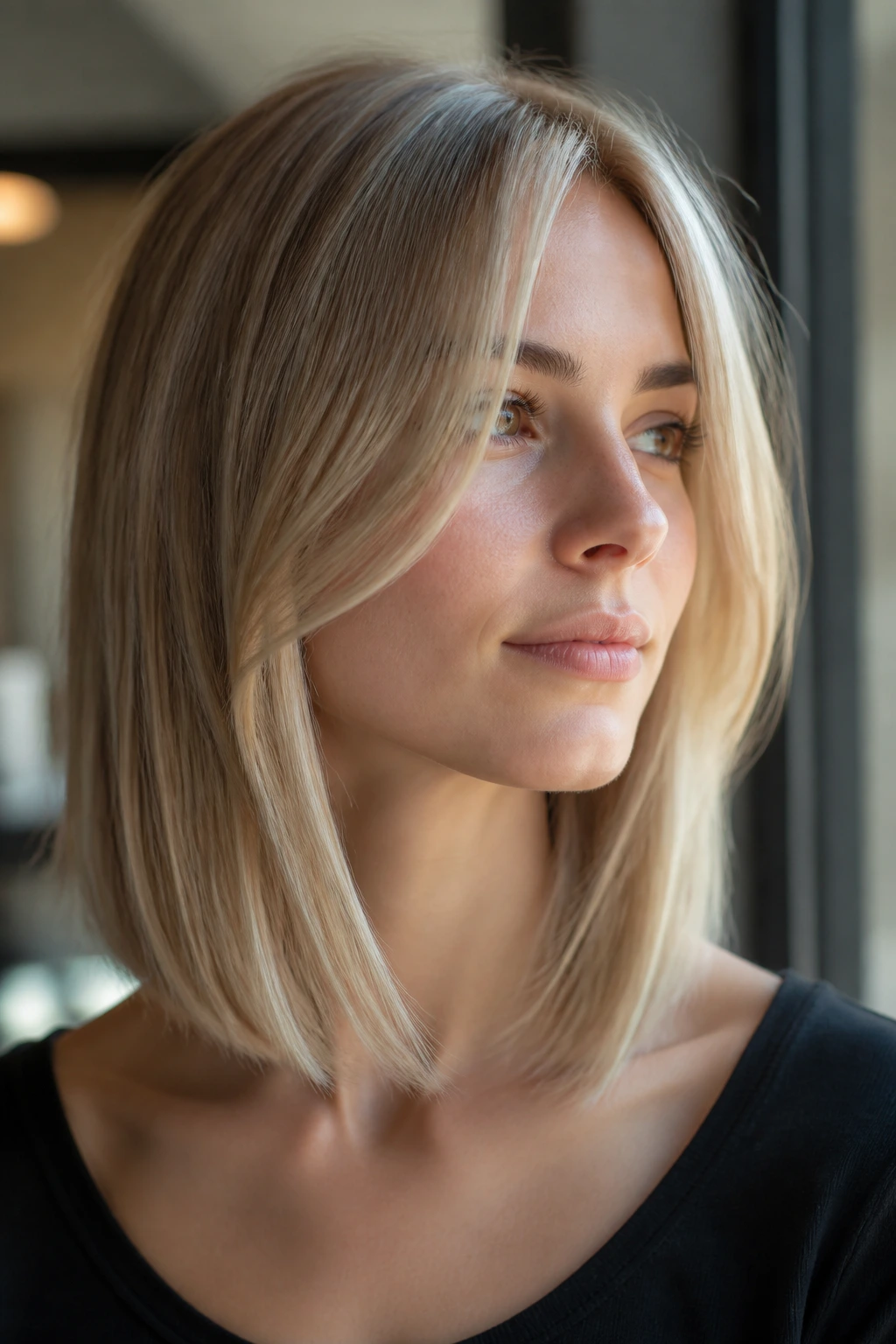 Portrait of a real person with fine straight hair and a light face-framing perimeter
