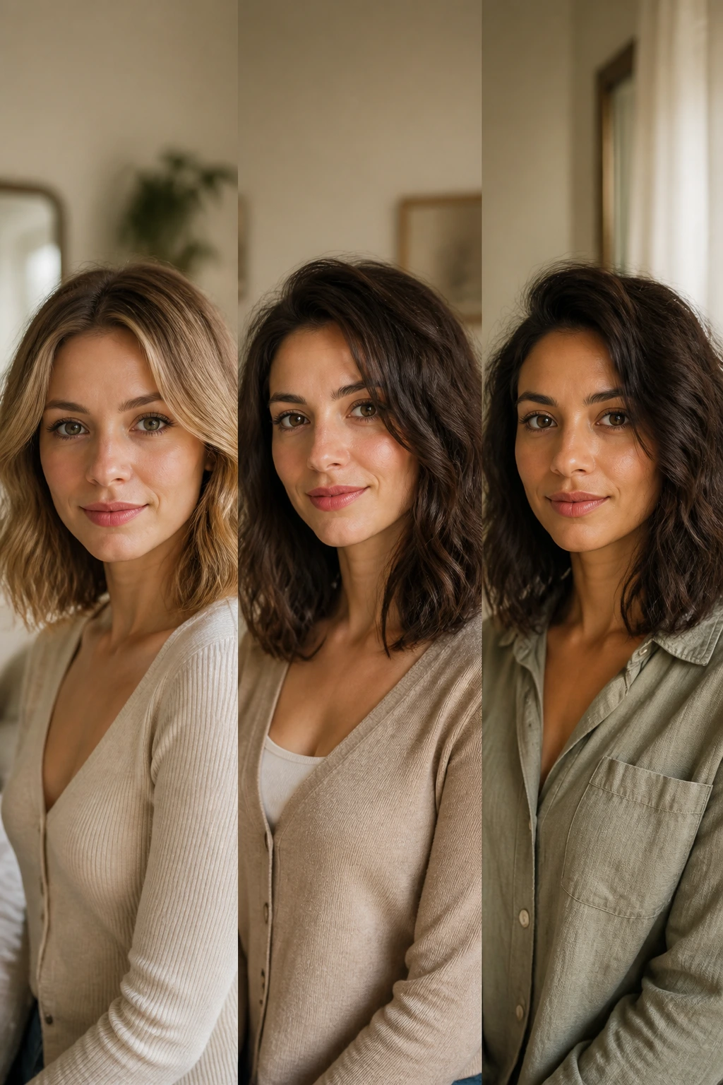 Real person with shoulder-length wavy hair showing texture variations for fine, thick, and natural textures