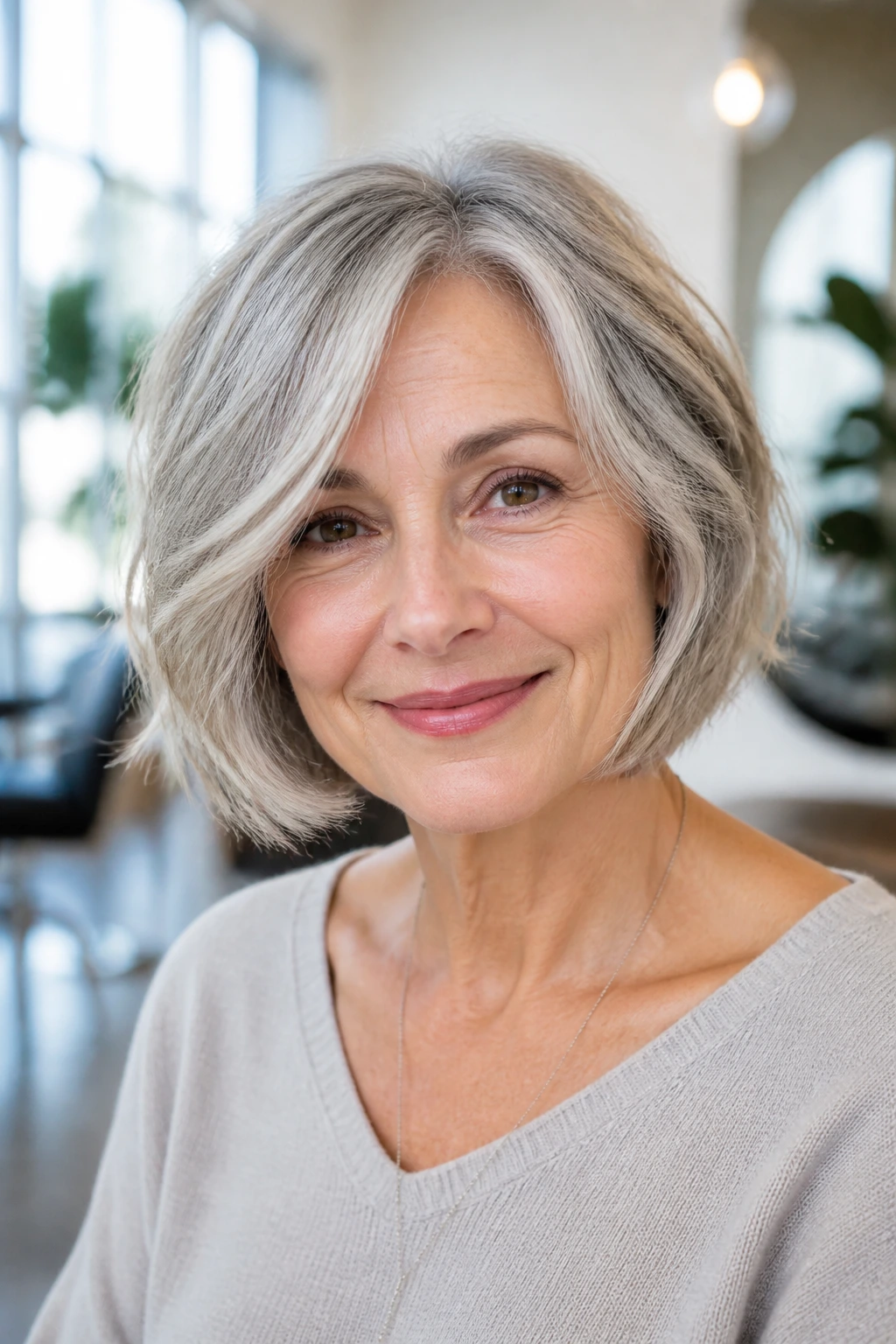 Older woman with chin-length bob showing lift and solid perimeter