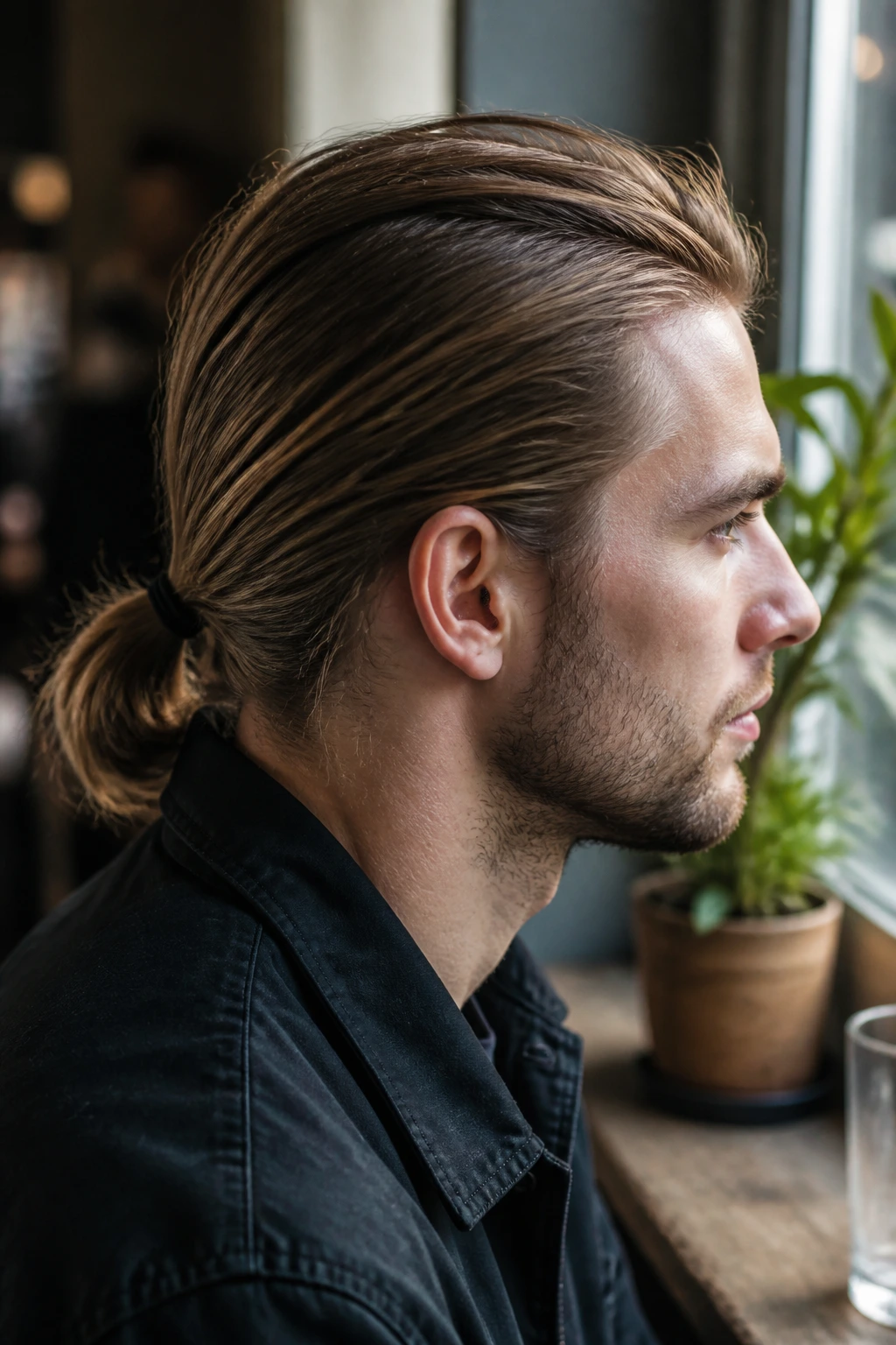 Close-up of a real man with fine hair tied back into a low to mid-height ponytail