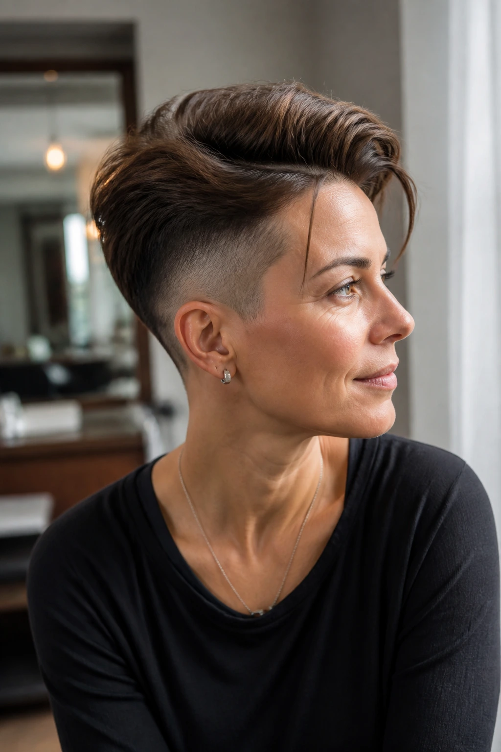 Portrait of a woman with crown lift undercut on fine hair