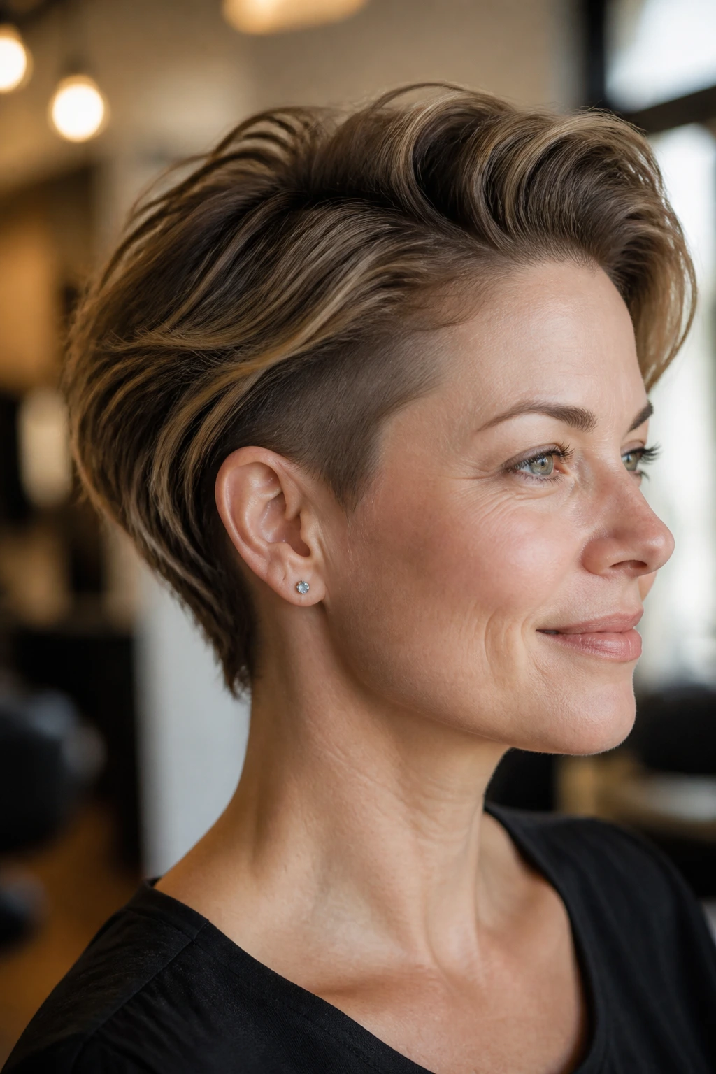 Close-up portrait of a real person with fine hair styled for volume and a low undercut.
