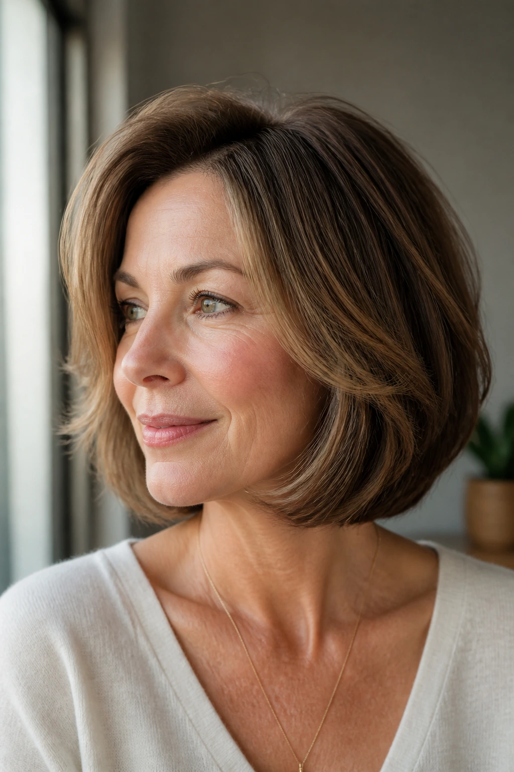 Close-up of a real woman with a volumizing bob for fine hair in natural light