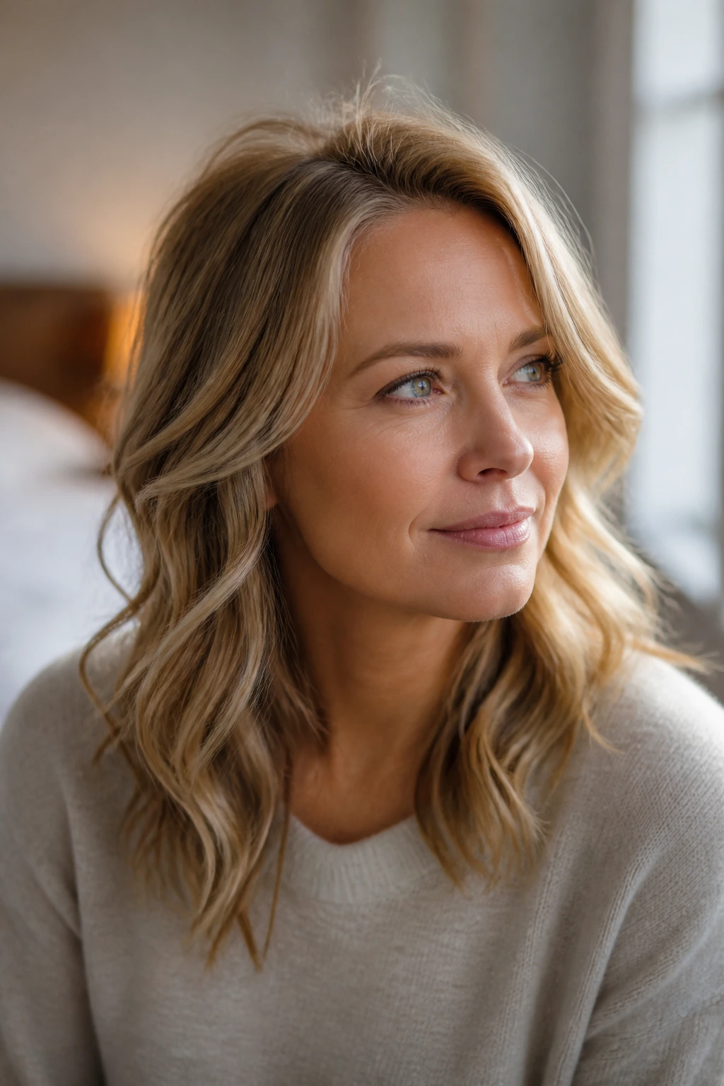 Close-up portrait of a woman with fine hair featuring root lift and soft waves in natural window light