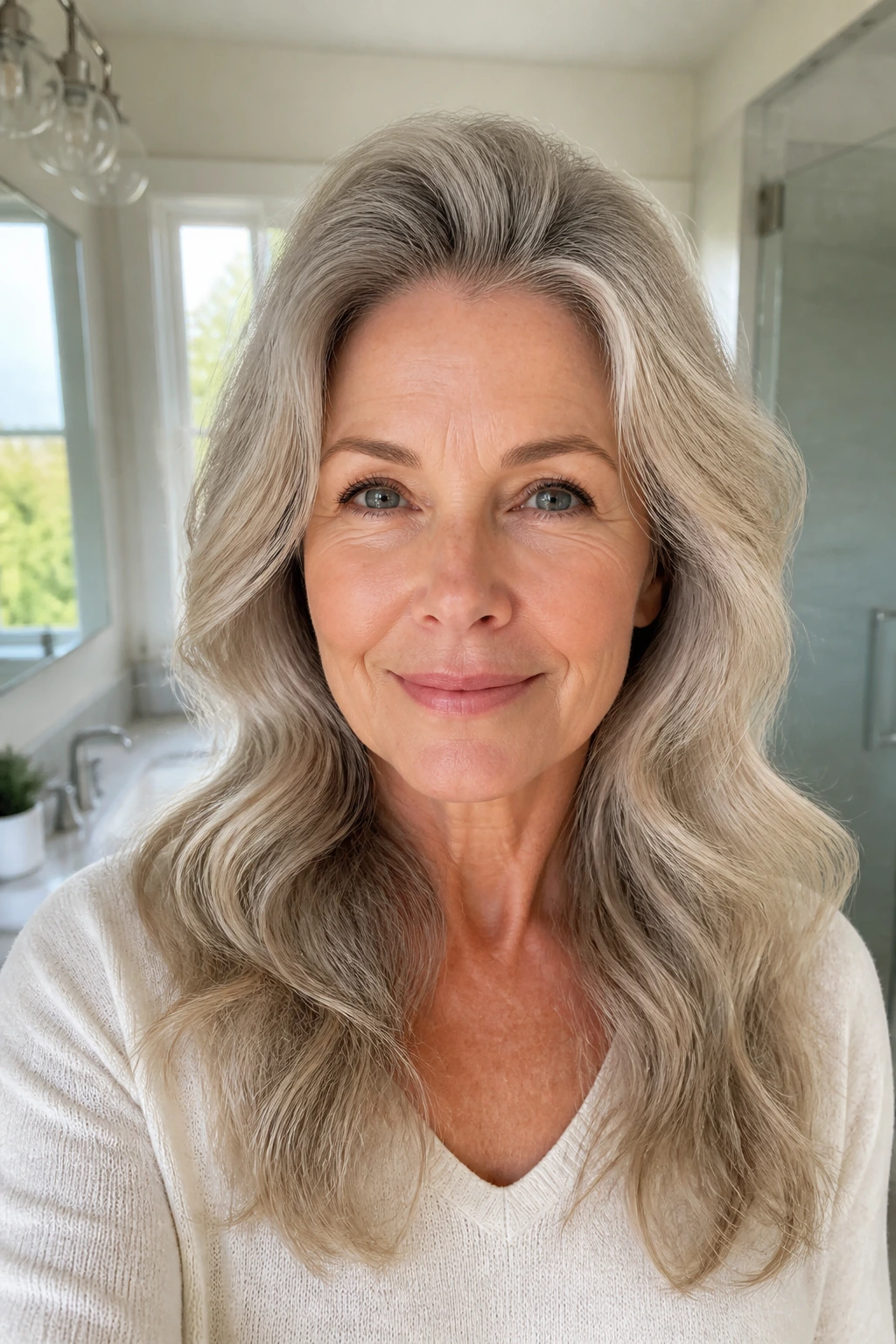 Close-up portrait of a real woman with fine hair showing root lift and gentle waves