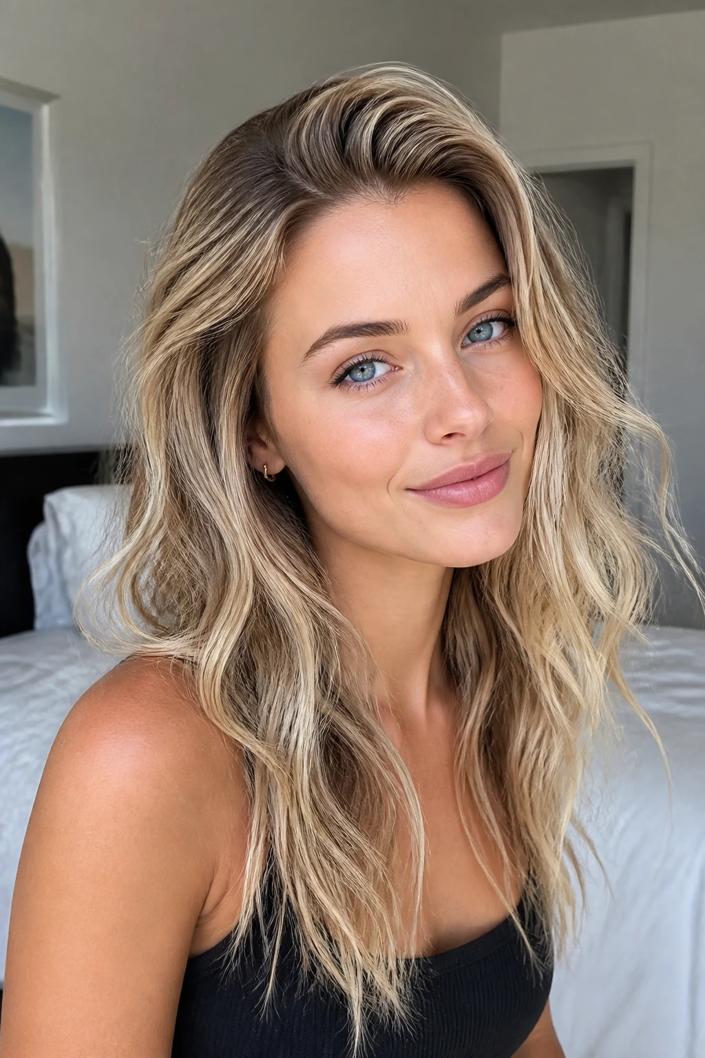 Portrait of a woman with fine hair showing root lift and subtle waves