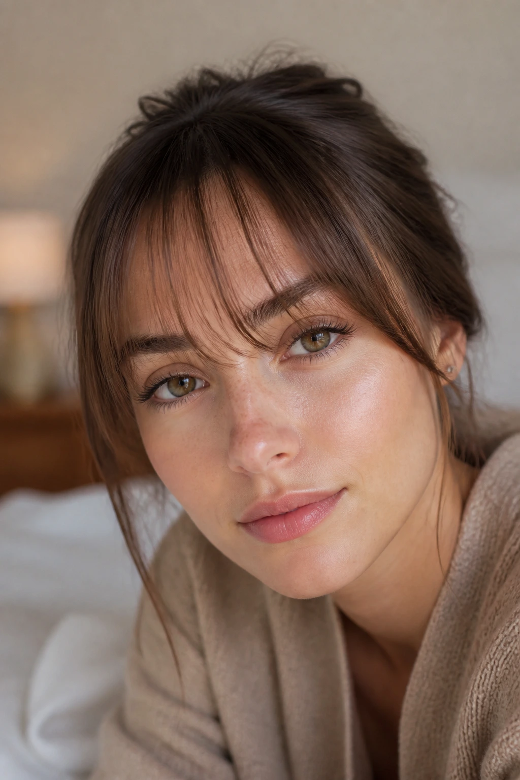 Close-up of a real person with fine, airy fringe wisps framing the forehead in natural light.