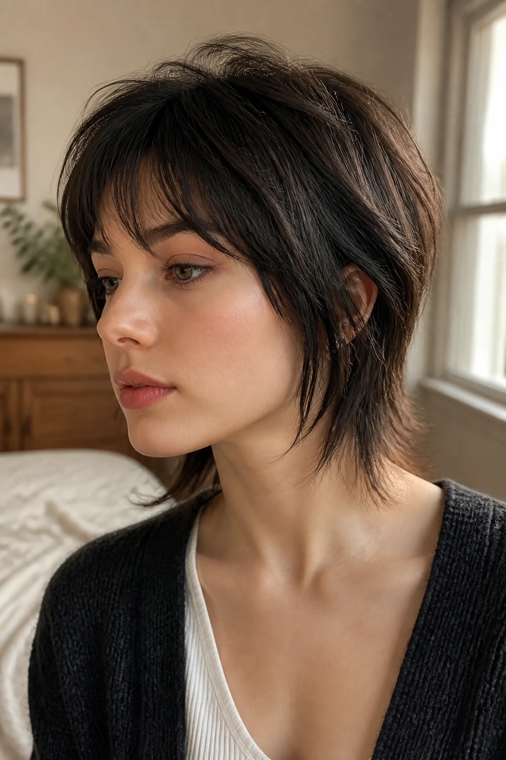 Close-up portrait of a real person with a fine-hair wolf cut and lifted crown in a softly lit bedroom.