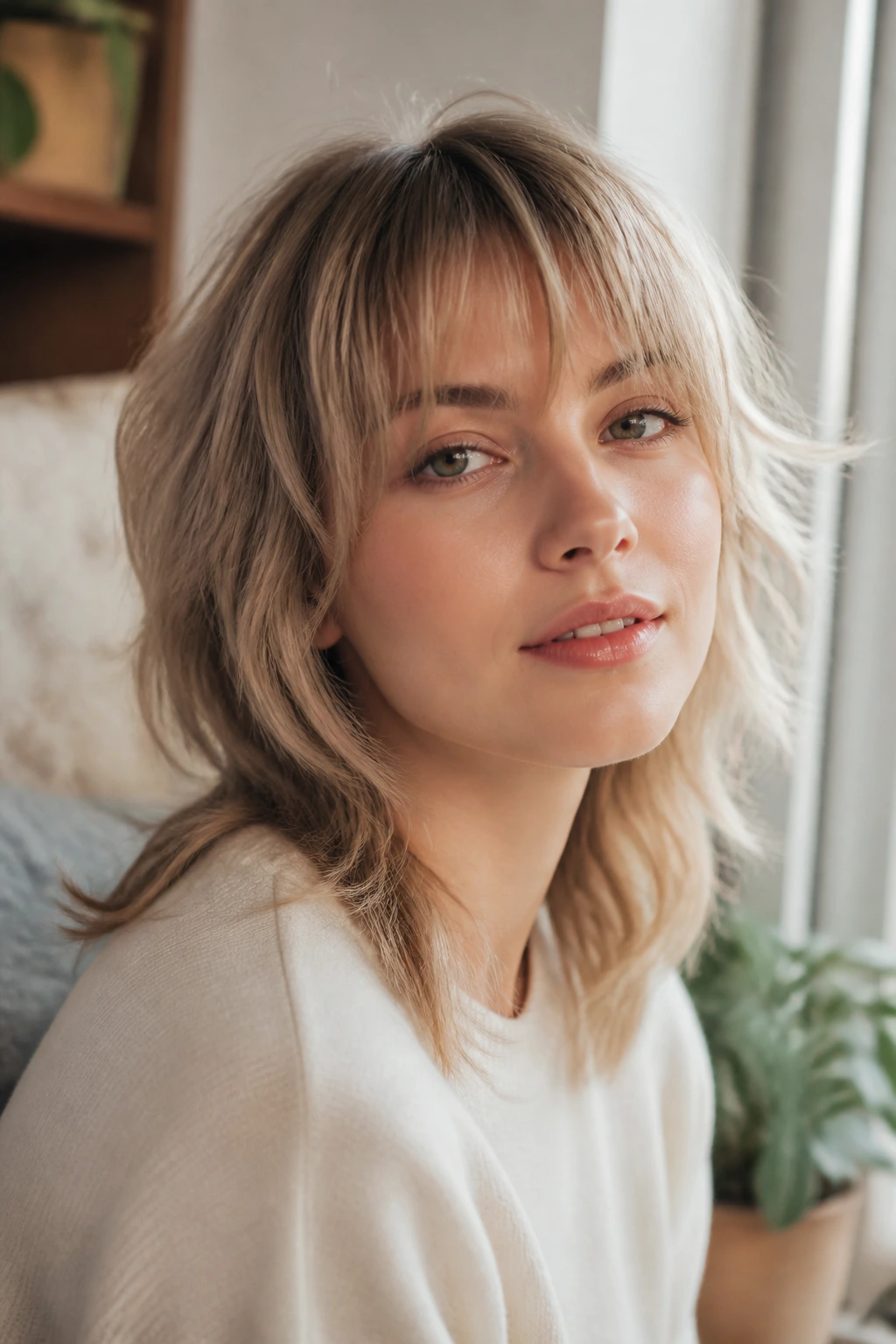 Close-up of fine-hair wolf cut with airy bangs on a real person in bright window light