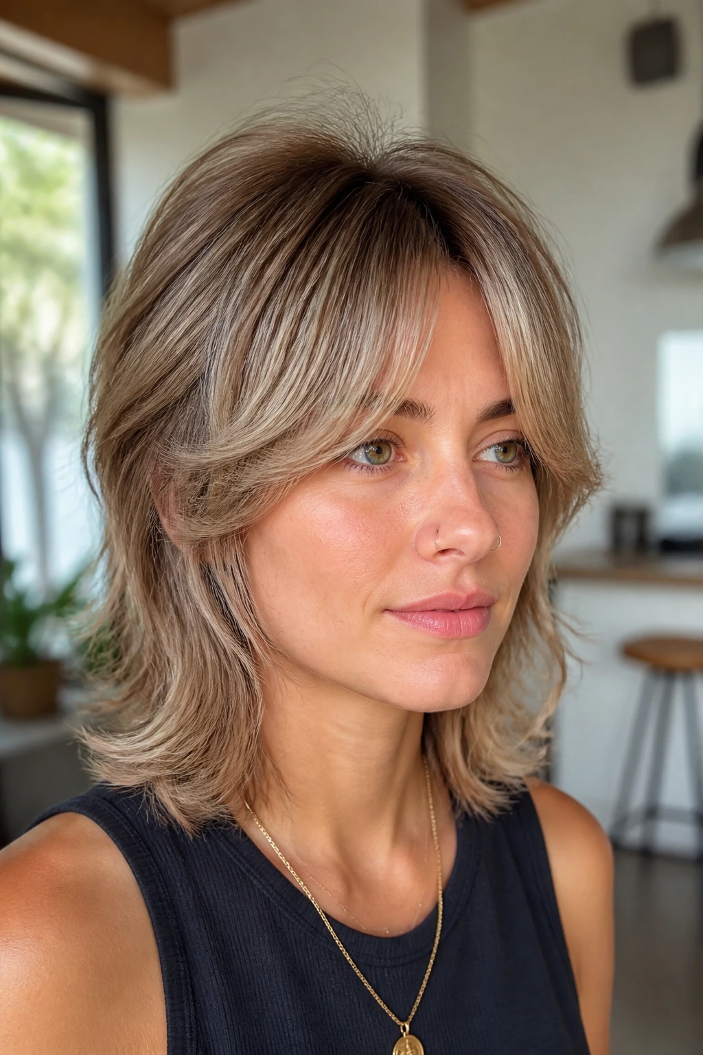 Close-up of real person with fine-hair wolf cut and lifted crown layers
