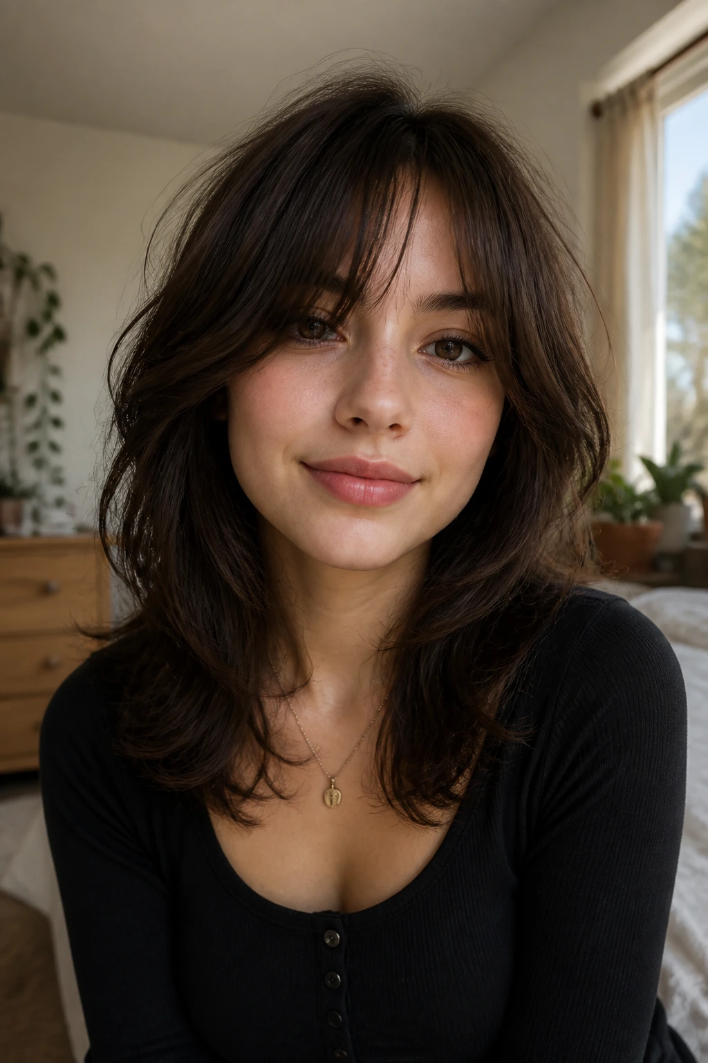 Portrait of a real person with a fine-hair wolf cut and invisible layers