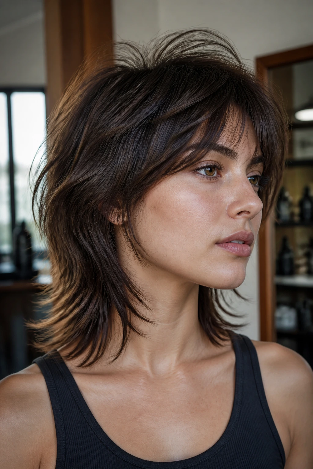 Close-up portrait of a real person with a textured wolf cut on fine hair showing crown lift and dense ends