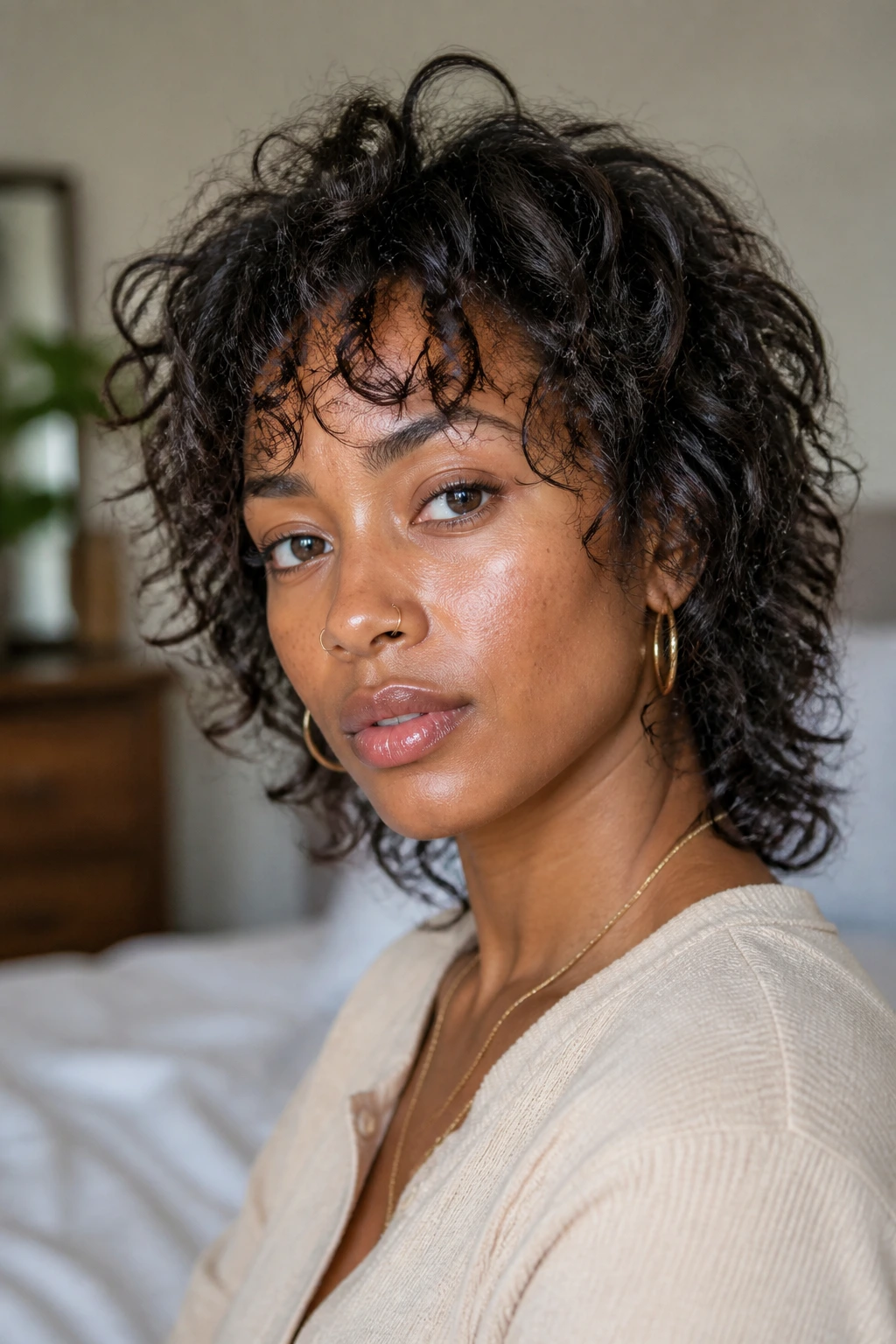 Close-up portrait of a Black woman with fine-strand shag in a softly lit bedroom
