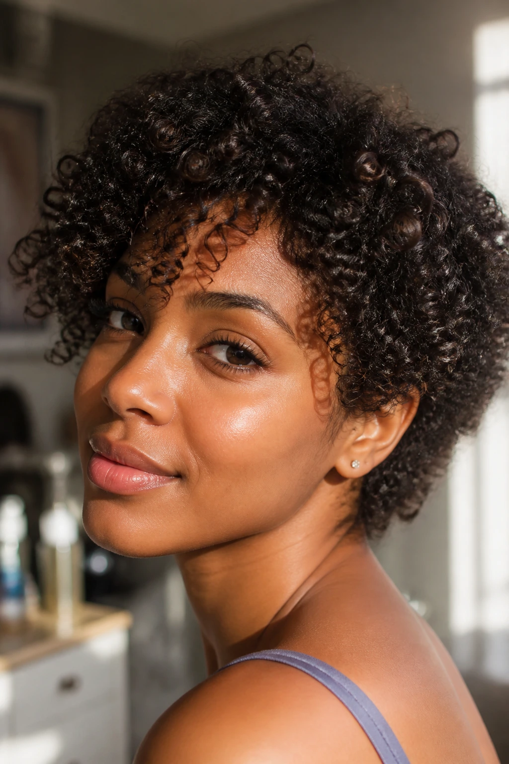 Portrait of a person with defined curly hair under warm indoor light