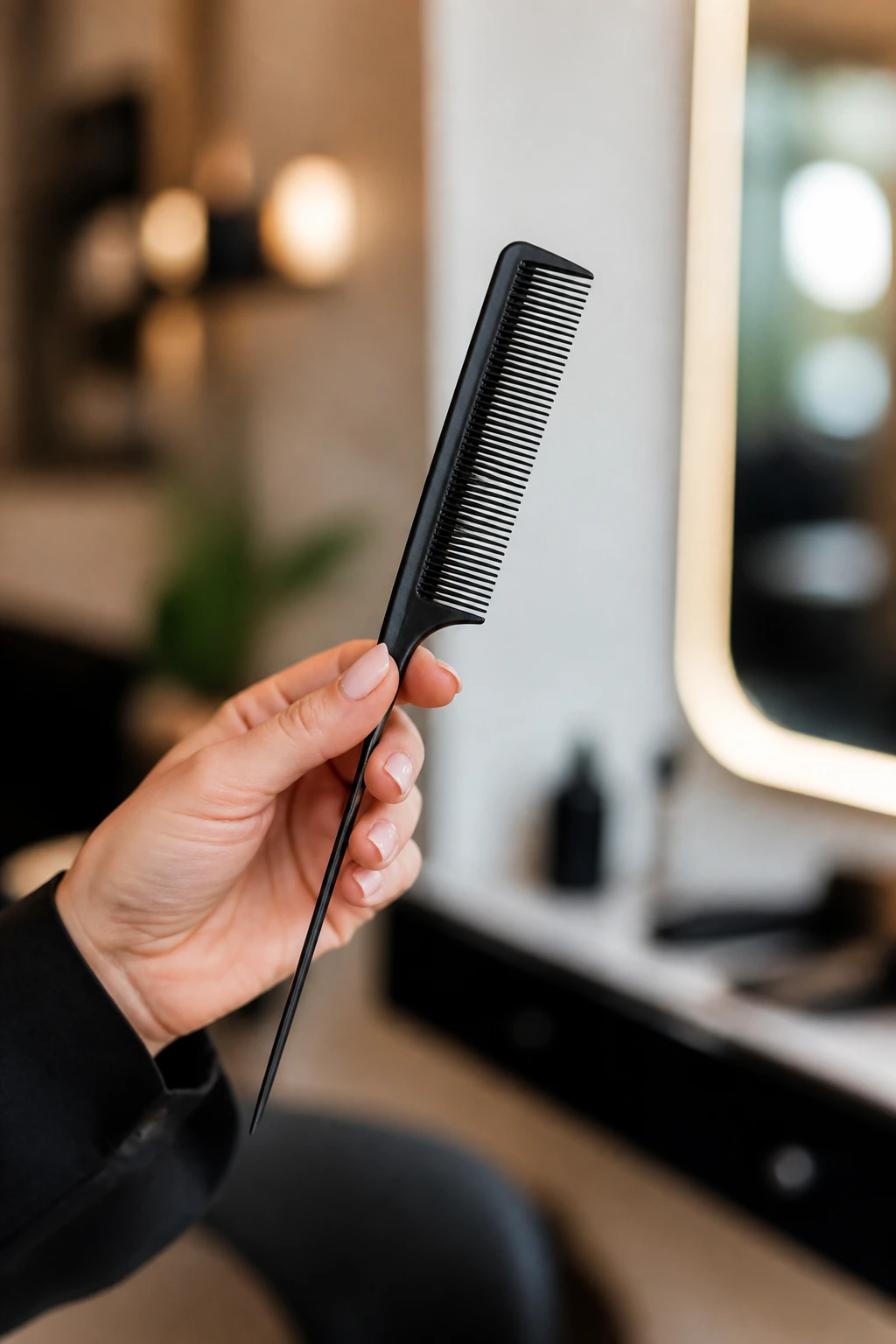 Close-up of a fine-tooth comb held by a stylist in a salon.