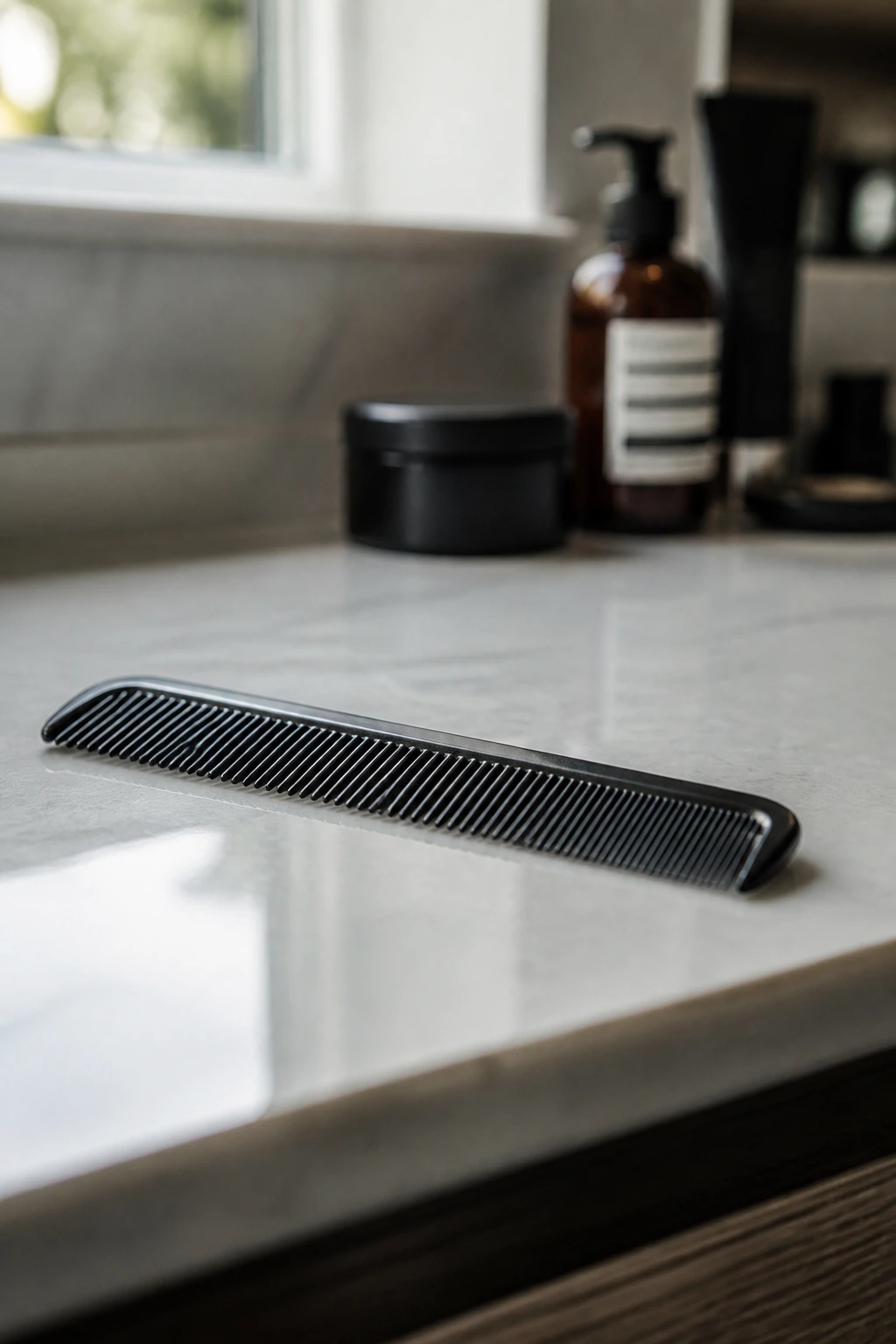 Close-up of a fine-tooth comb as the tool that keeps hair styles looking intentional