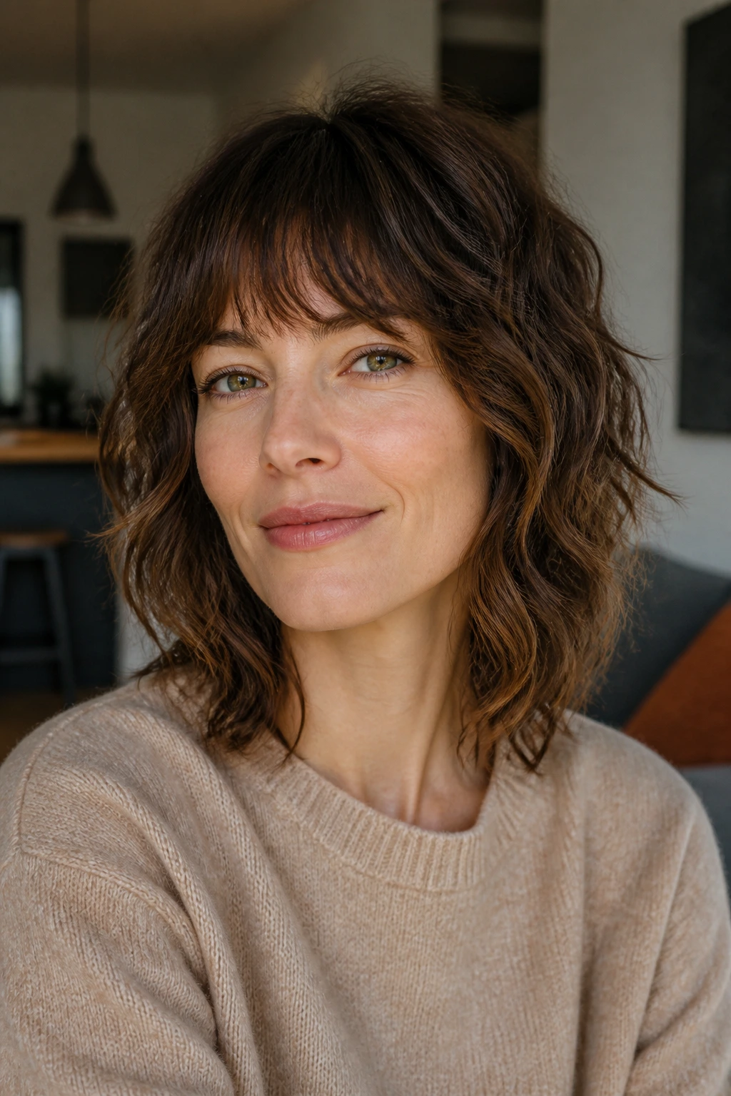 Real woman with fine-wave boost shag and light layers in soft indoor light