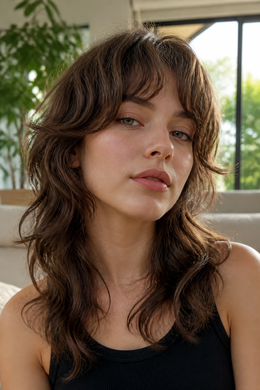 Close-up of a real person with fine-wave wolf cut and floating layers