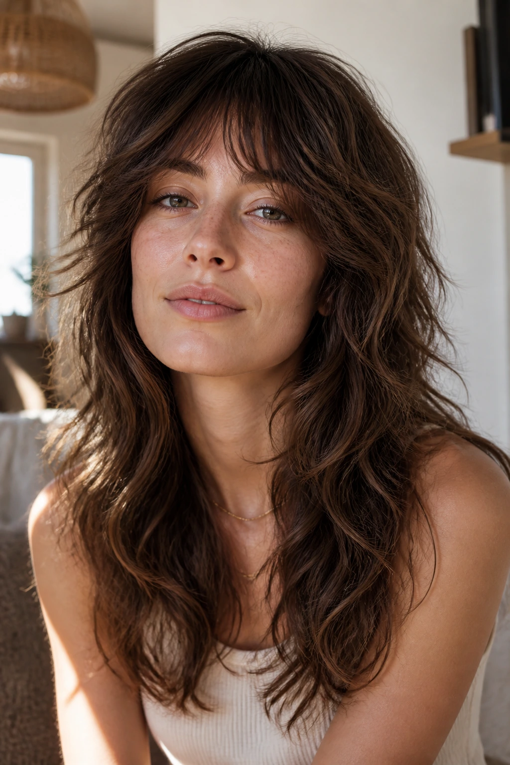 Portrait of a real woman with Fine-Wave Lift Wolf hairstyle in a sunlit room.