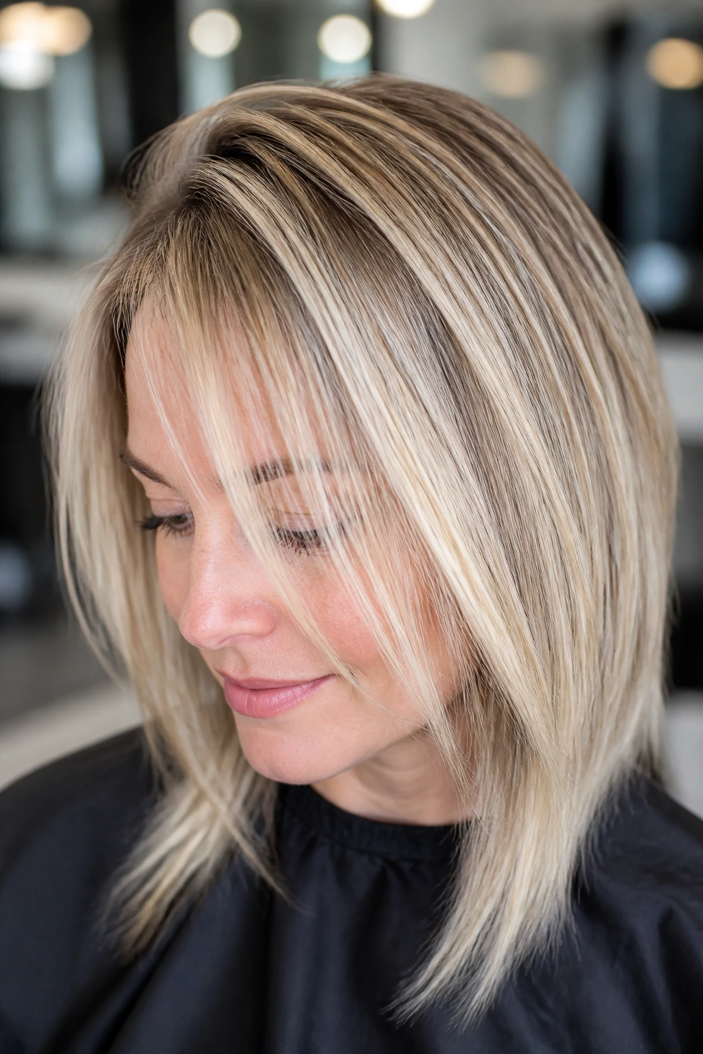 Close-up of a real person with fine weaves creating diffuse brightness on thin hair