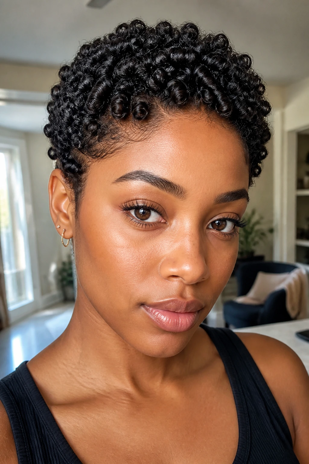 Close-up of a Black person with a finger-coil crop and sculpted coils on top.