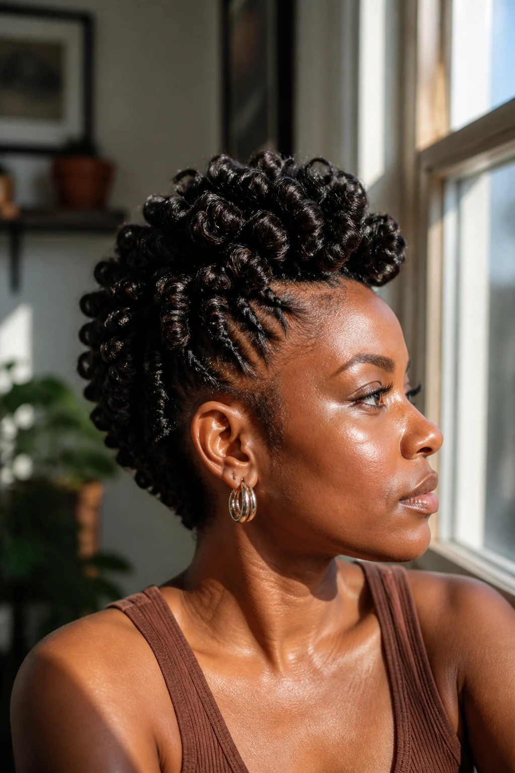 Close-up of a real Black woman with finger-coil frohawk in warm natural light