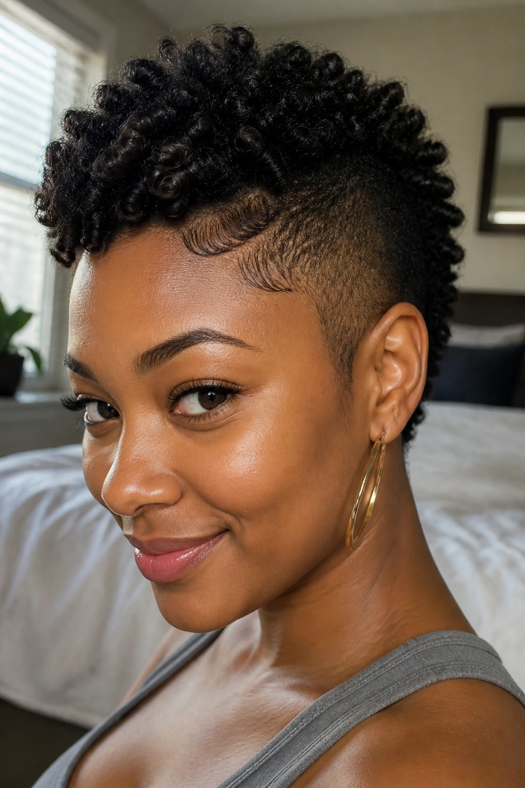 Portrait of a woman with finger-coiled hawk and clean edges