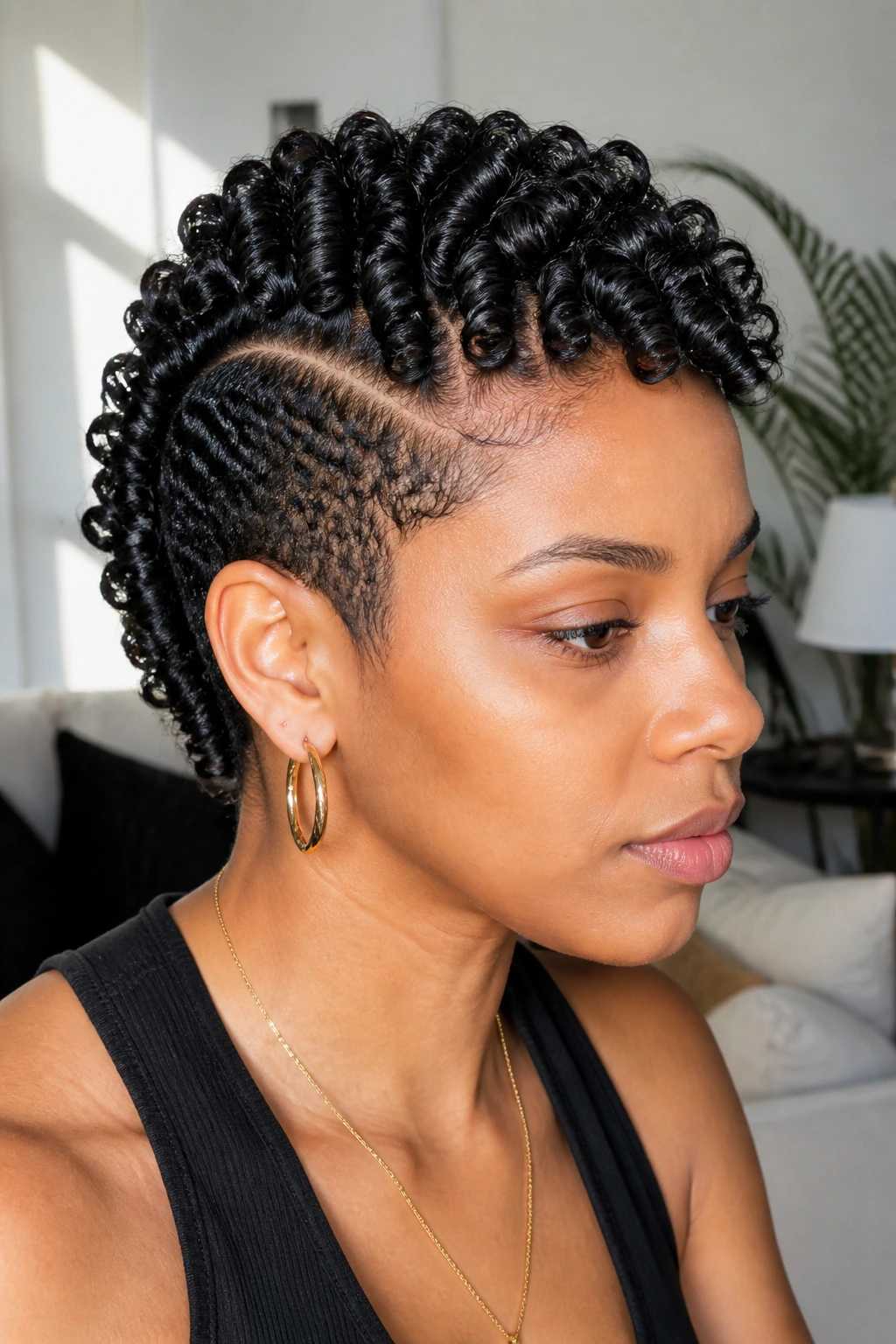 Close-up portrait of a real woman with crisp finger coils forming a Finger-Coil Hawk